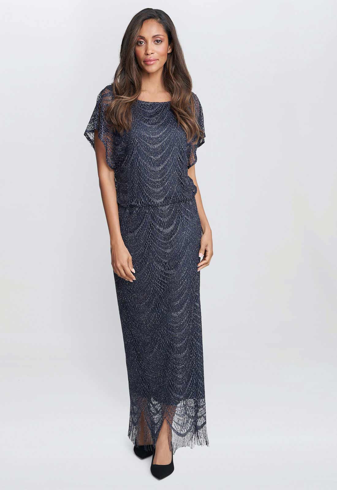 Gina Bacconi Blue Arleen Long Blouson Fringe Hem Dress