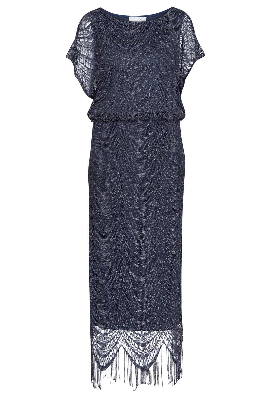 Gina Bacconi Blue Arleen Long Blouson Fringe Hem Dress
