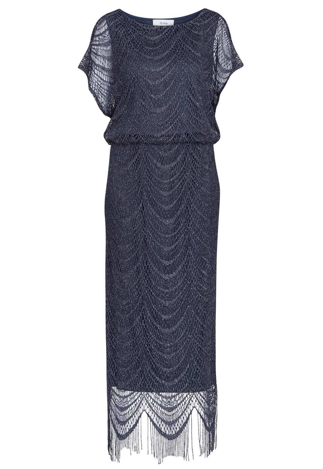 Gina Bacconi Arleen Long Blouson Fringe Hem Dress