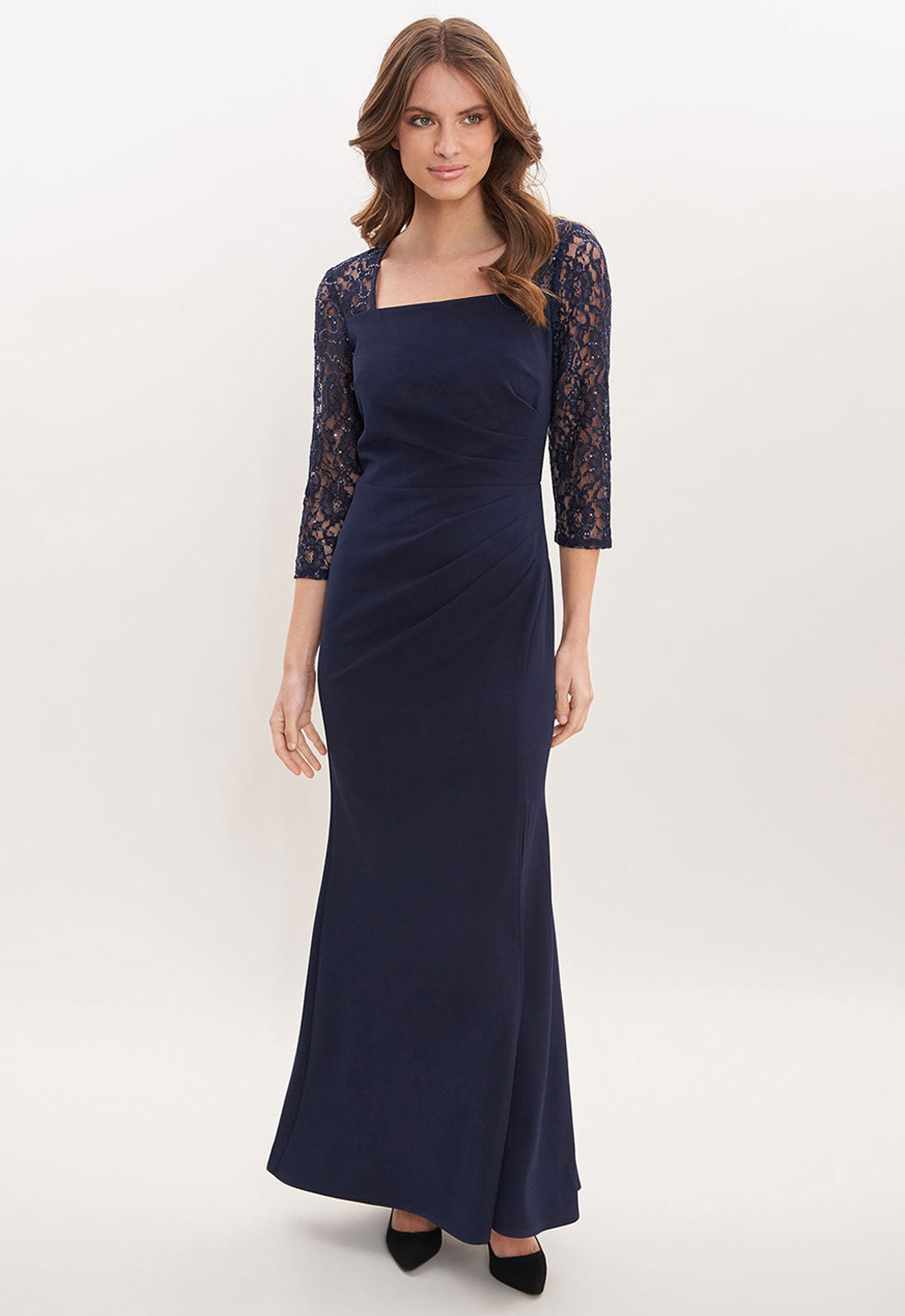Gina Bacconi Navy Una Maxi Dress With Lace Sleeves