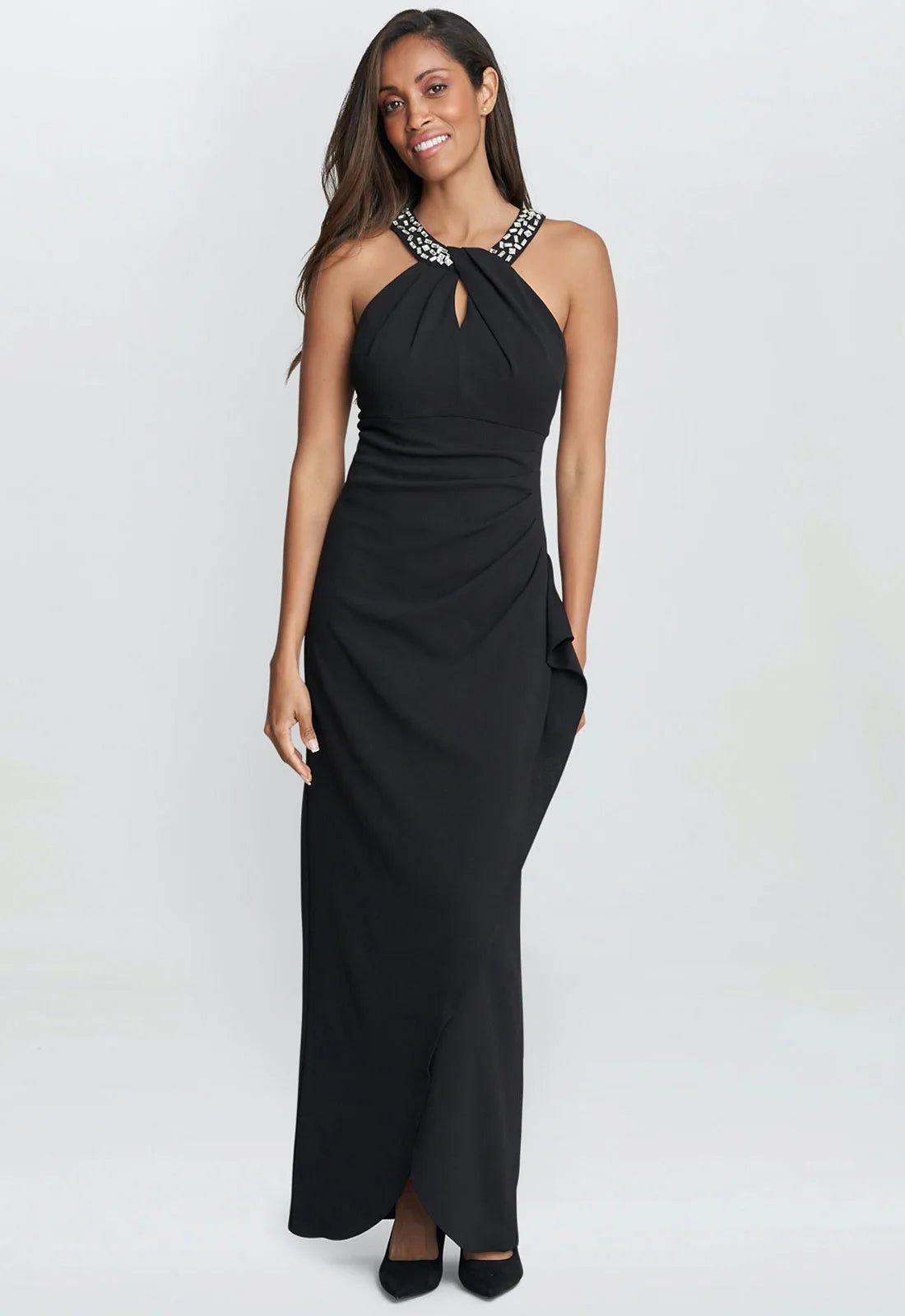 Gina Bacconi Black Kasandra Halter Beaded Neck Maxi Dress