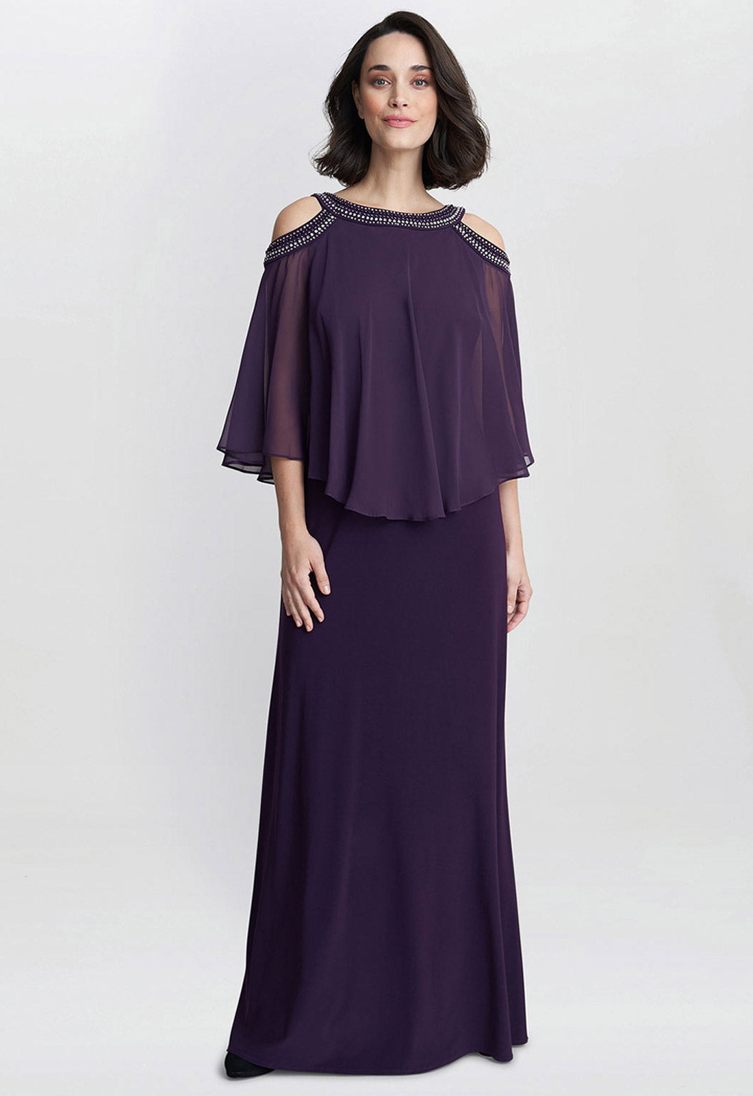 Gina Bacconi Plum Audrey Cape Gown