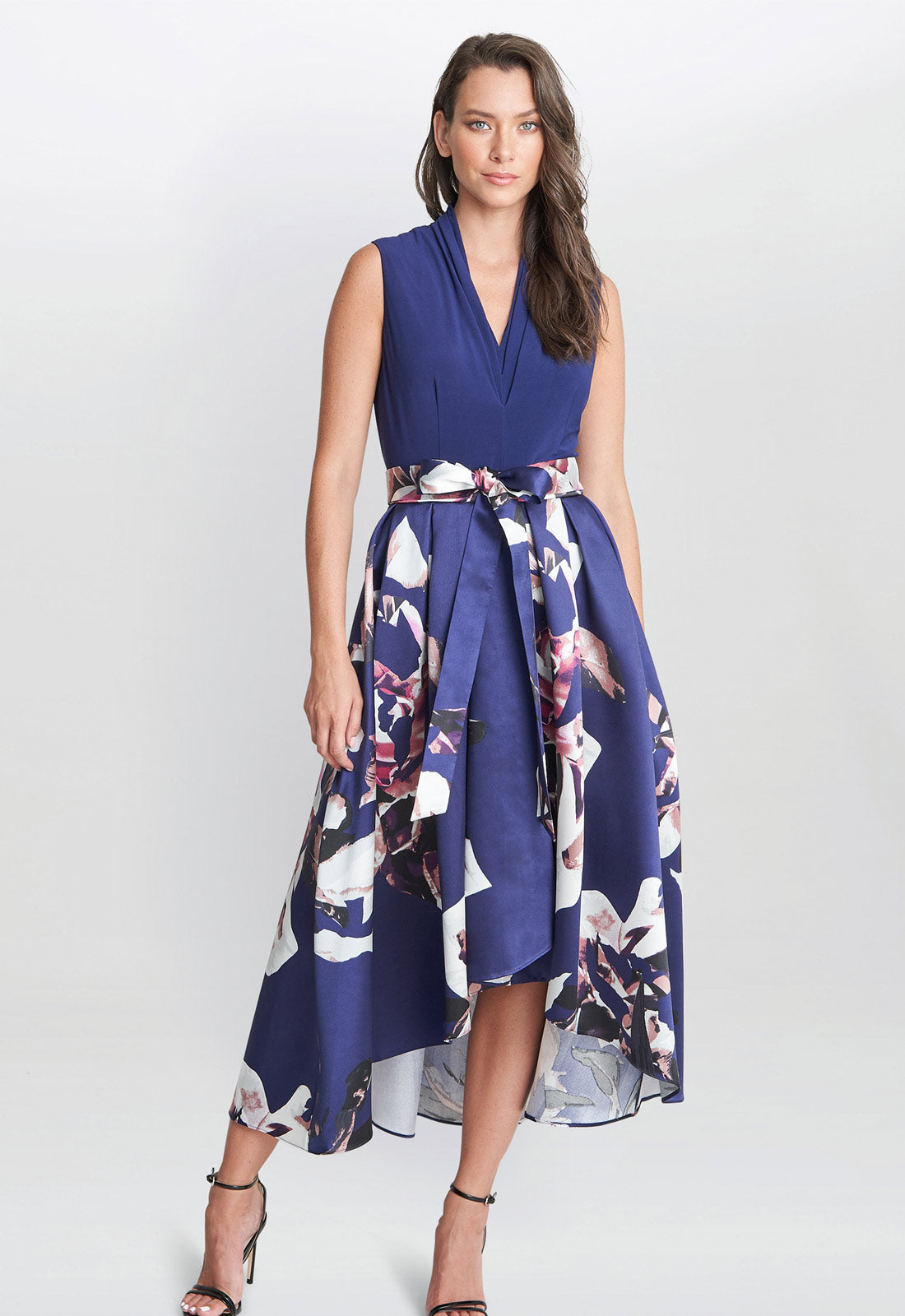 Gina Bacconi Navy Megan Sleeveless Floral High Low Dress