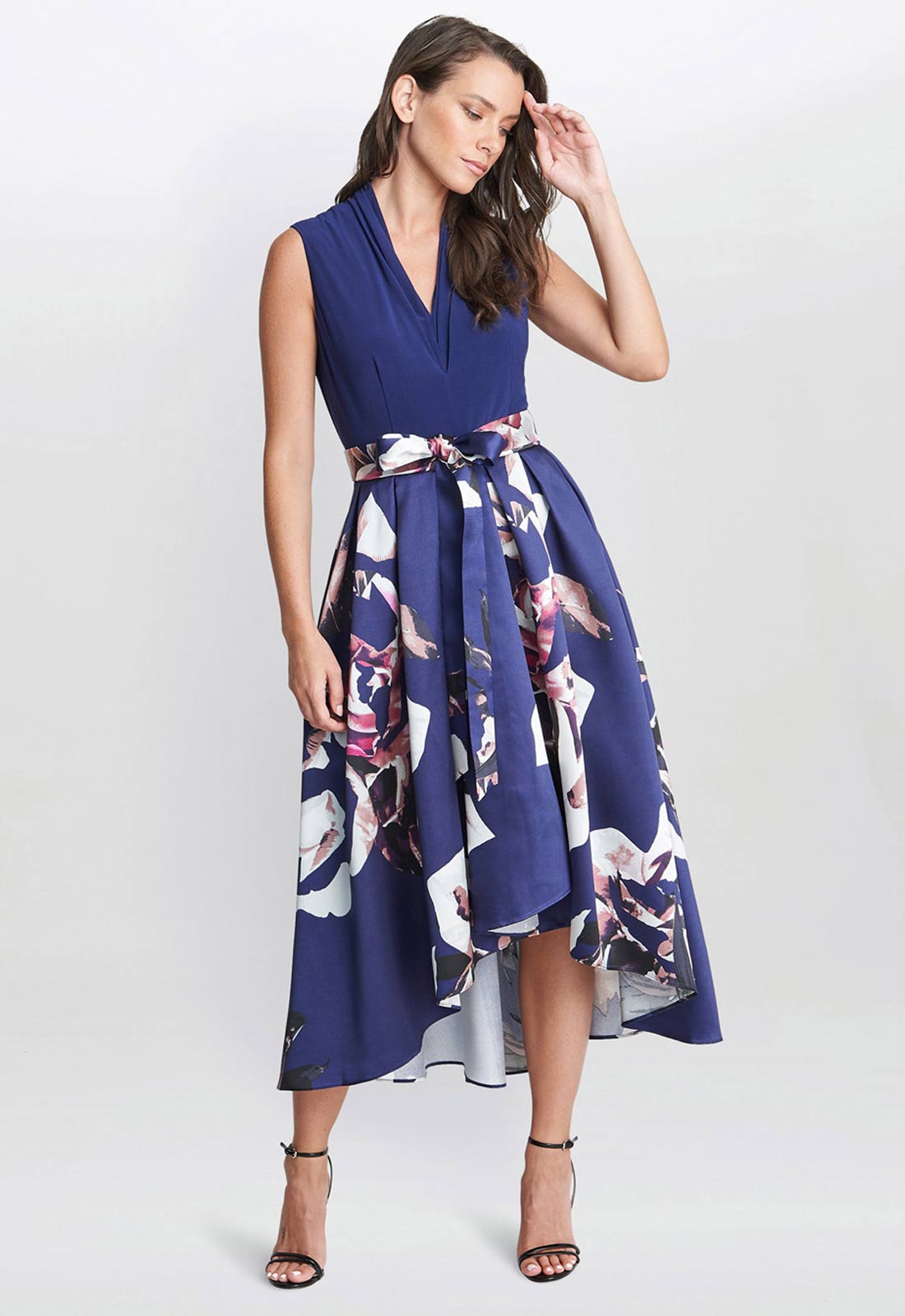 Gina Bacconi Navy Megan Sleeveless Floral High Low Dress