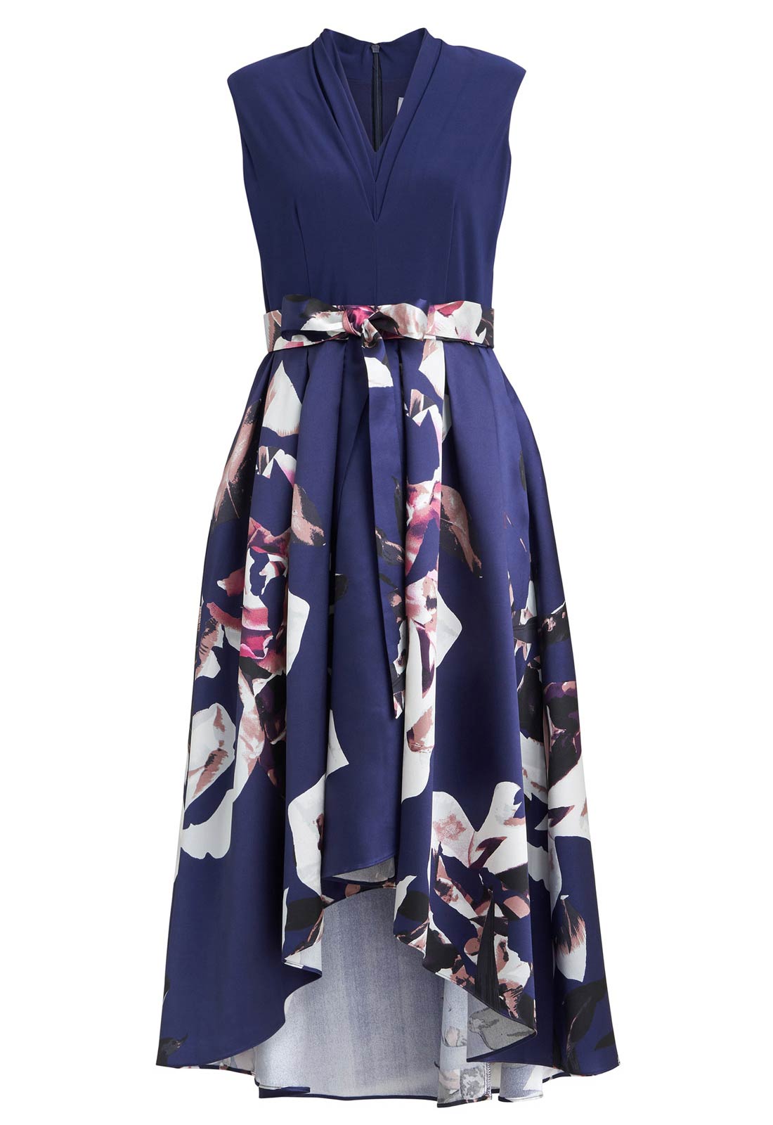 Gina Bacconi Navy Megan Sleeveless Floral High Low Dress