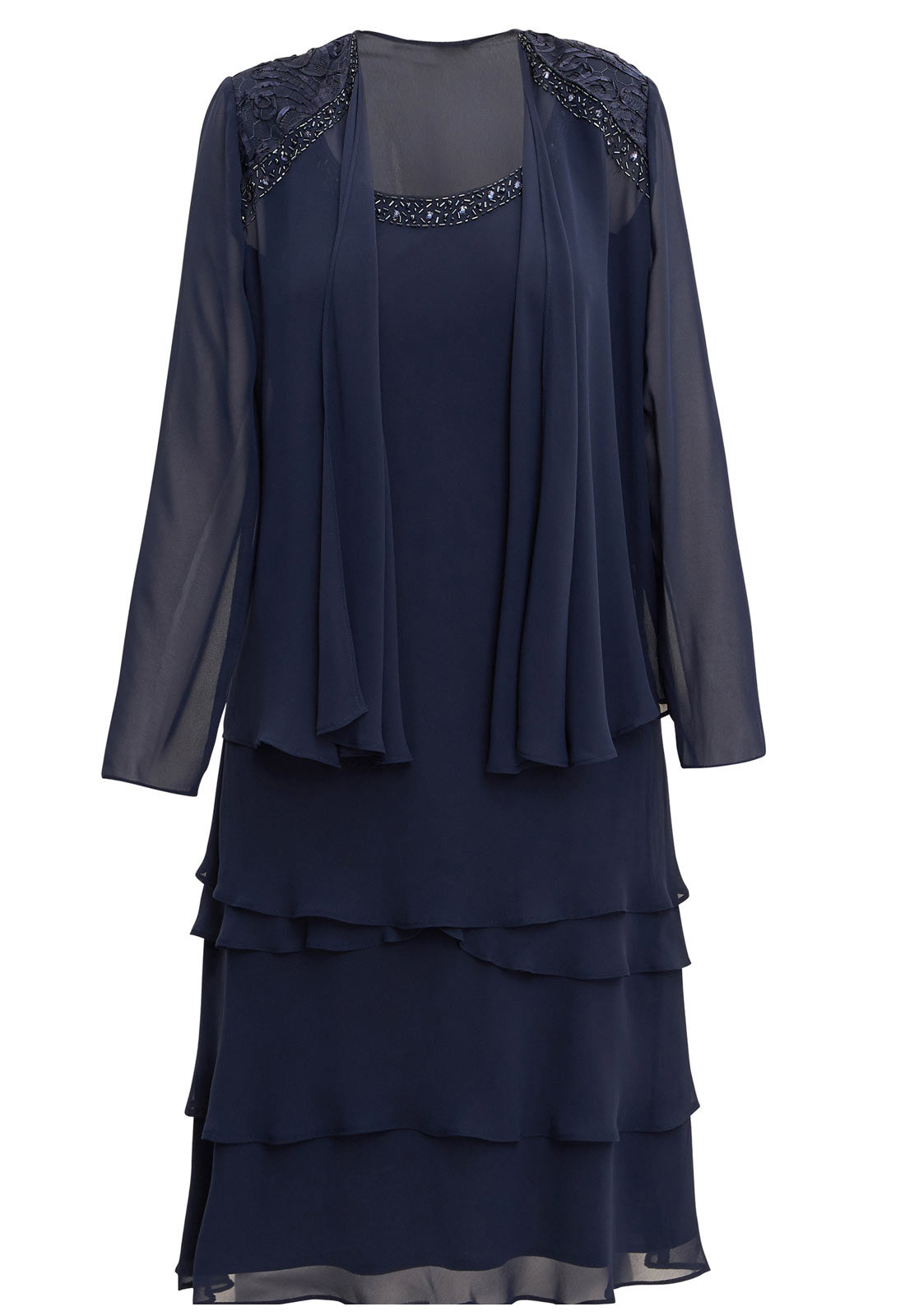 Gina Bacconi Spring Navy Camira Lace Shoulder Bead Tier Jacket Dress