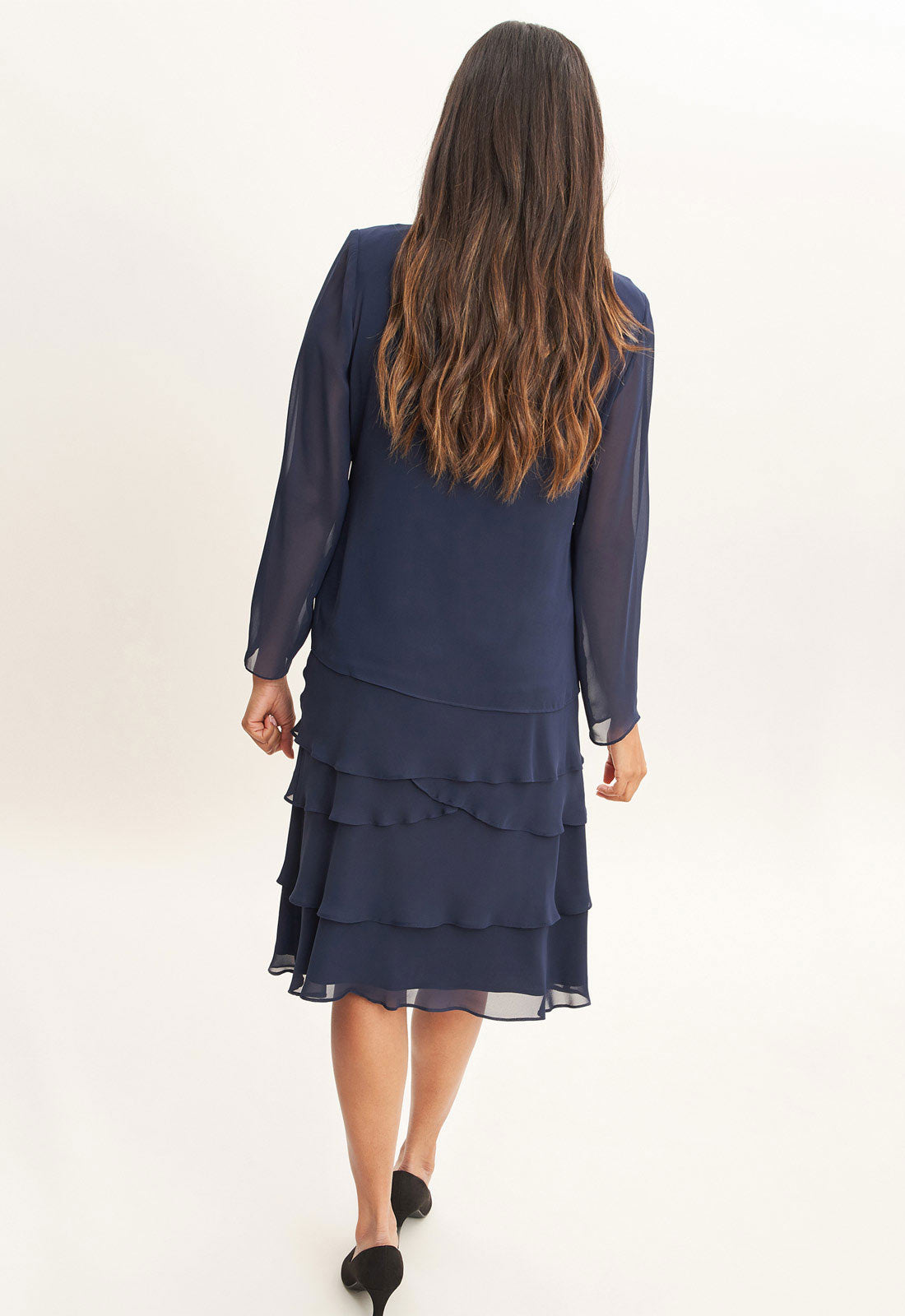 Gina Bacconi Spring Navy Camira Lace Shoulder Bead Tier Jacket Dress