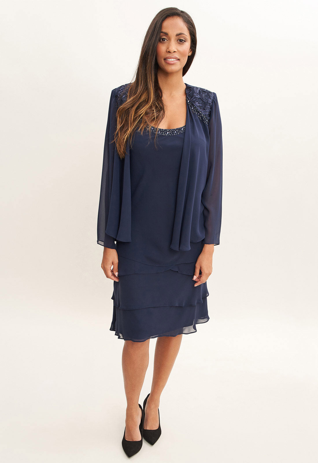 Gina Bacconi Spring Navy Camira Lace Shoulder Bead Tier Jacket Dress