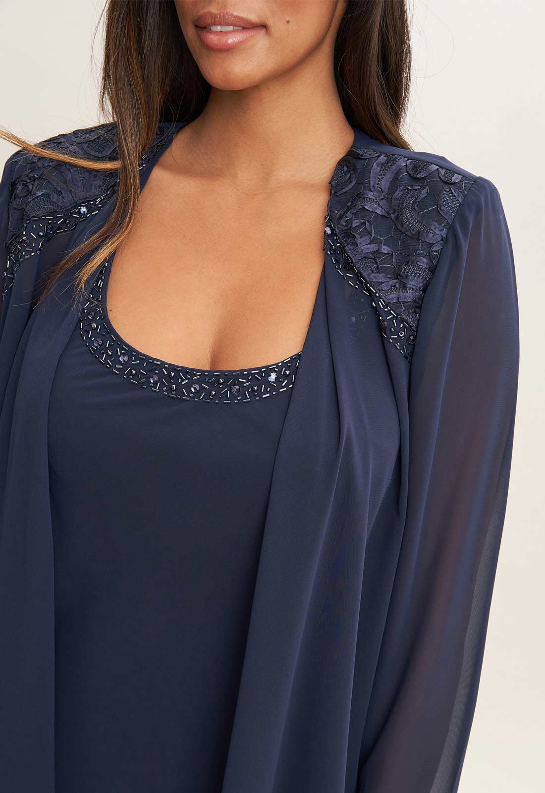 Gina Bacconi Spring Navy Camira Lace Shoulder Bead Tier Jacket Dress