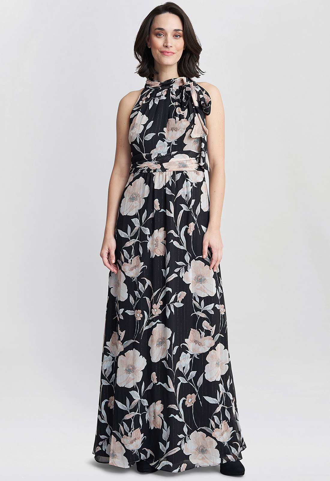 Gina Bacconi Printed Maxi Dress With Tie Neckline Detail