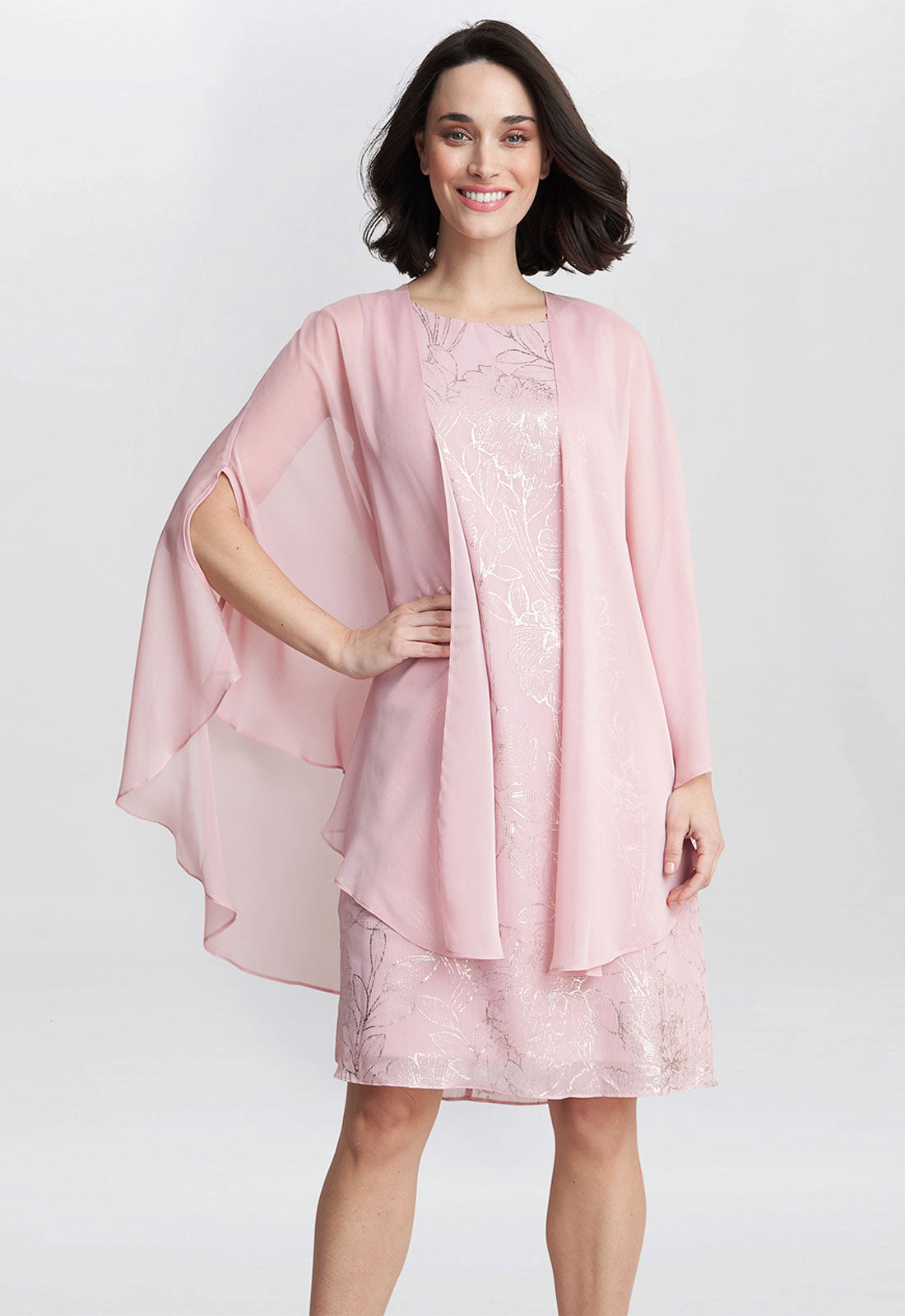 Gina Bacconi Pink Floral Dress And Chiffon Cape Dress