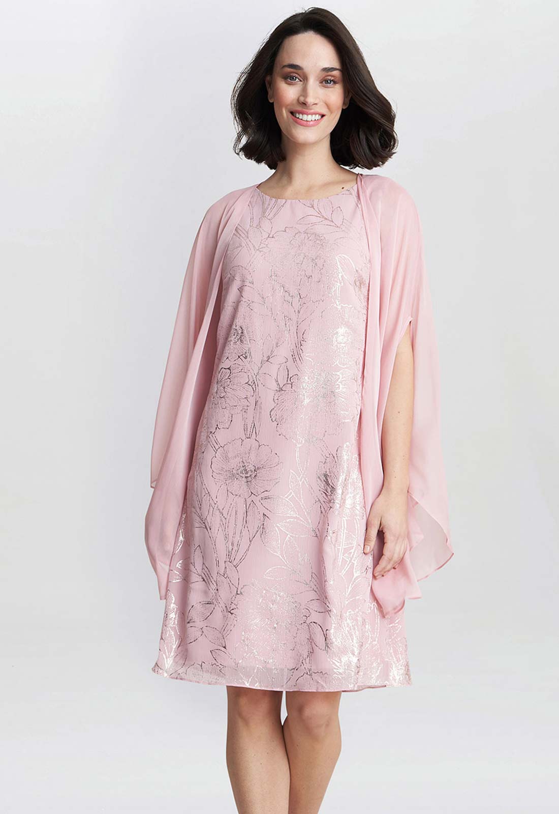 Gina Bacconi Pink Floral Dress And Chiffon Cape Dress