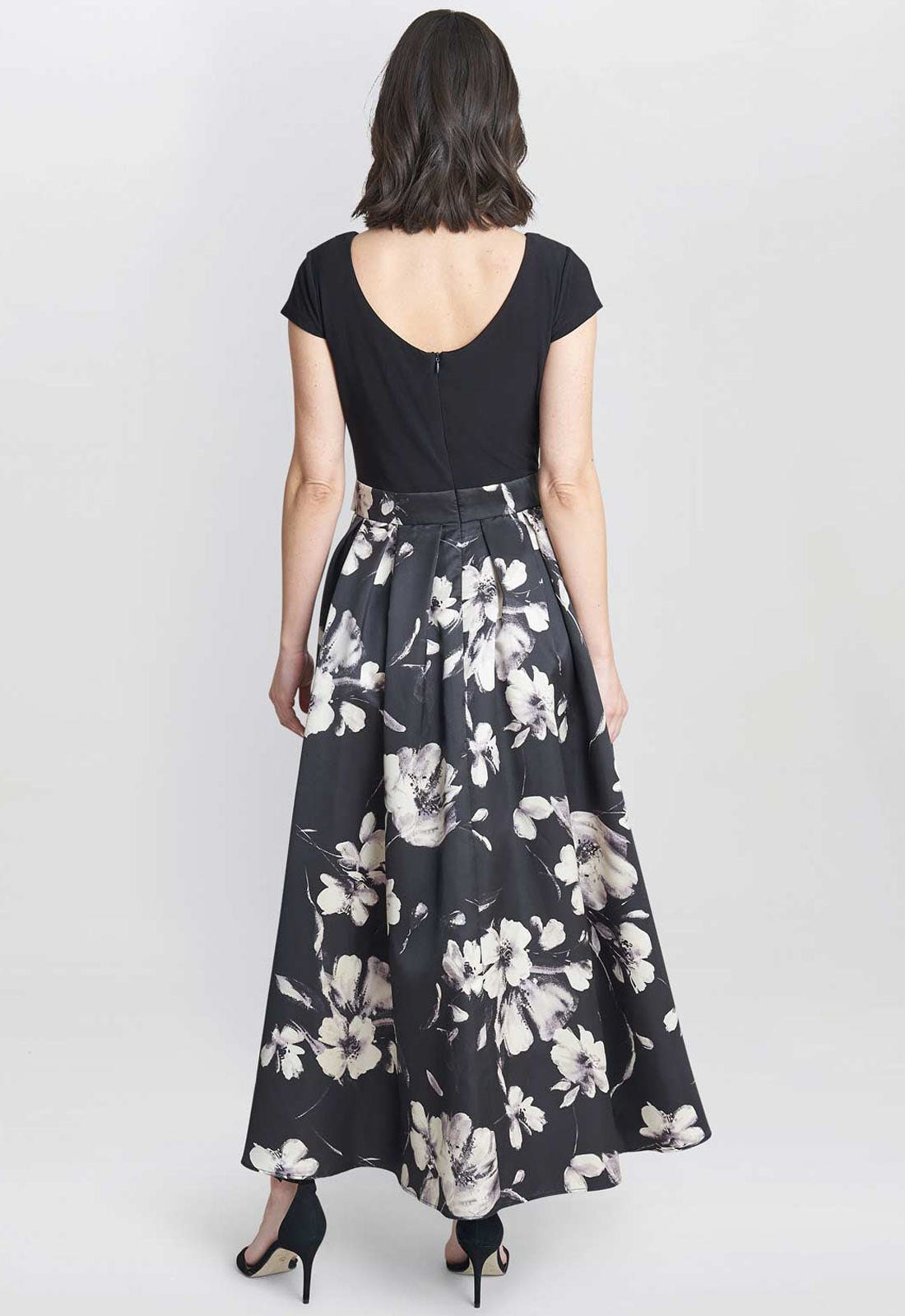 Gina Bacconi Black and Ivory Colleen Jersey And Jacquard Printed Dress