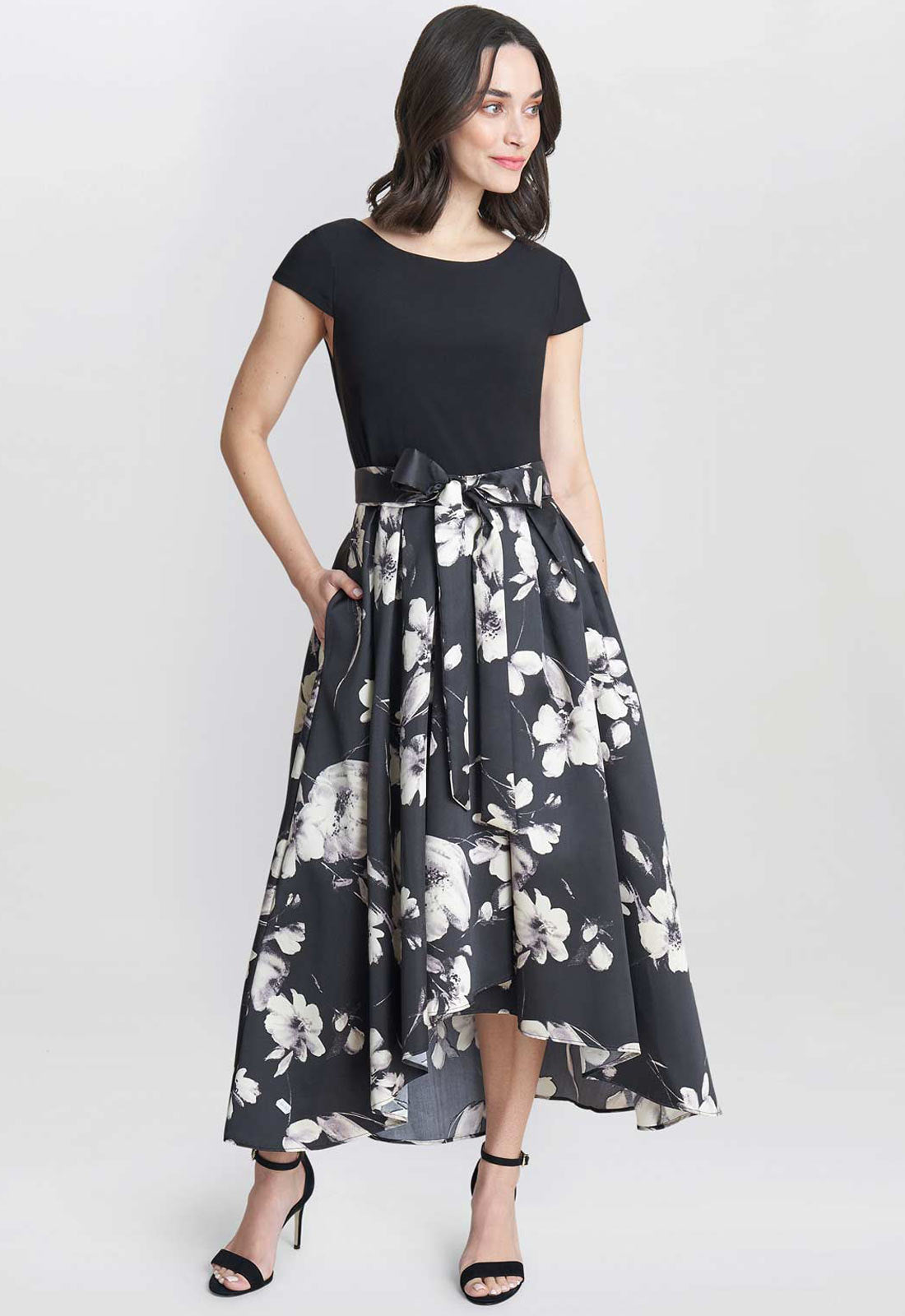 Gina Bacconi Black and Ivory Colleen Jersey And Jacquard Printed Dress