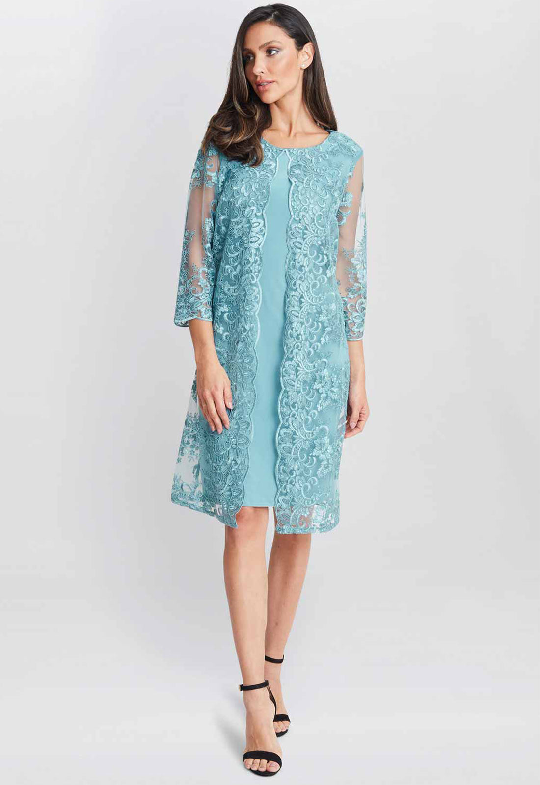 Gina Bacconi Teal Jill Embroidered Lace Mock Jacket Dress