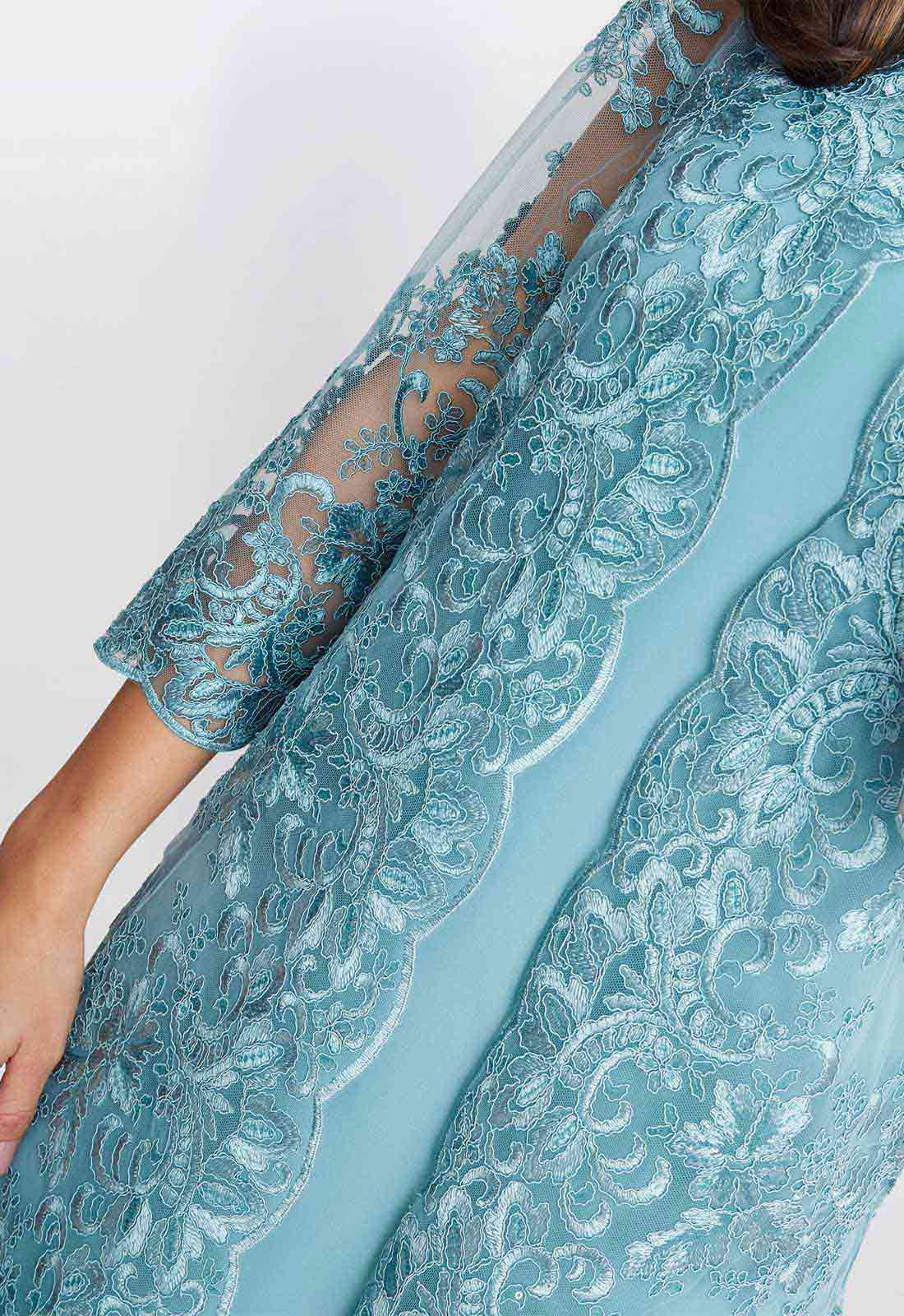 Gina Bacconi Teal Jill Embroidered Lace Mock Jacket Dress