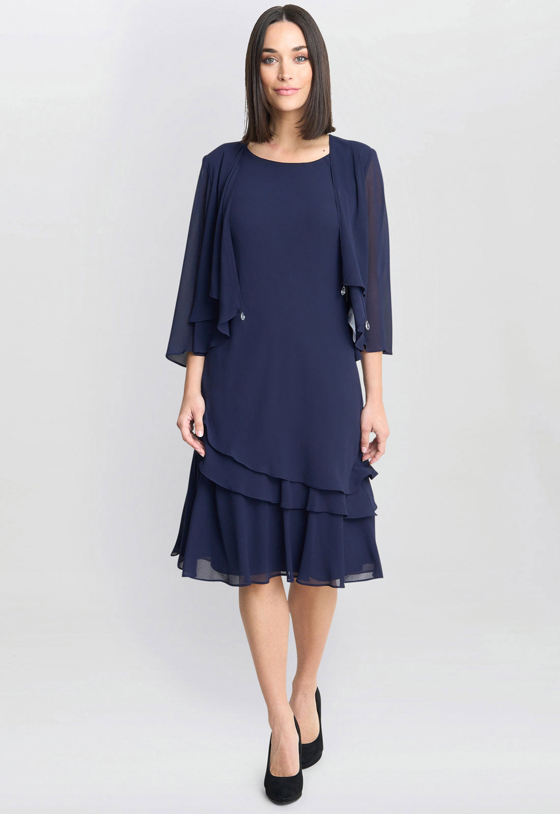 Gina Bacconi Navy Lola Jacket And Asymmetric Triple Tiered Dress