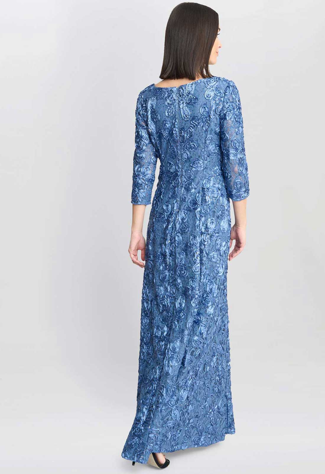 Gina Bacconi Blue Susanna Rosette Maxi Dress With 3/4 Illusion Sleeves