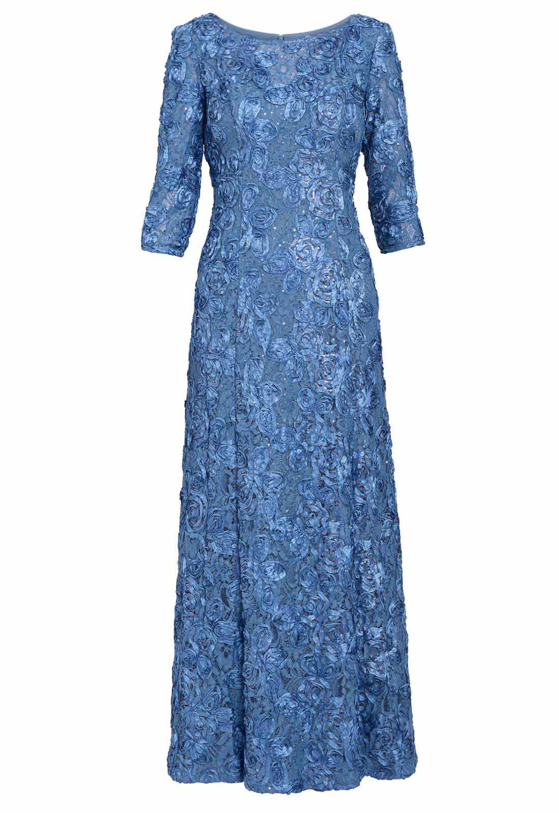 Gina Bacconi Blue Susanna Rosette Maxi Dress With 3/4 Illusion Sleeves
