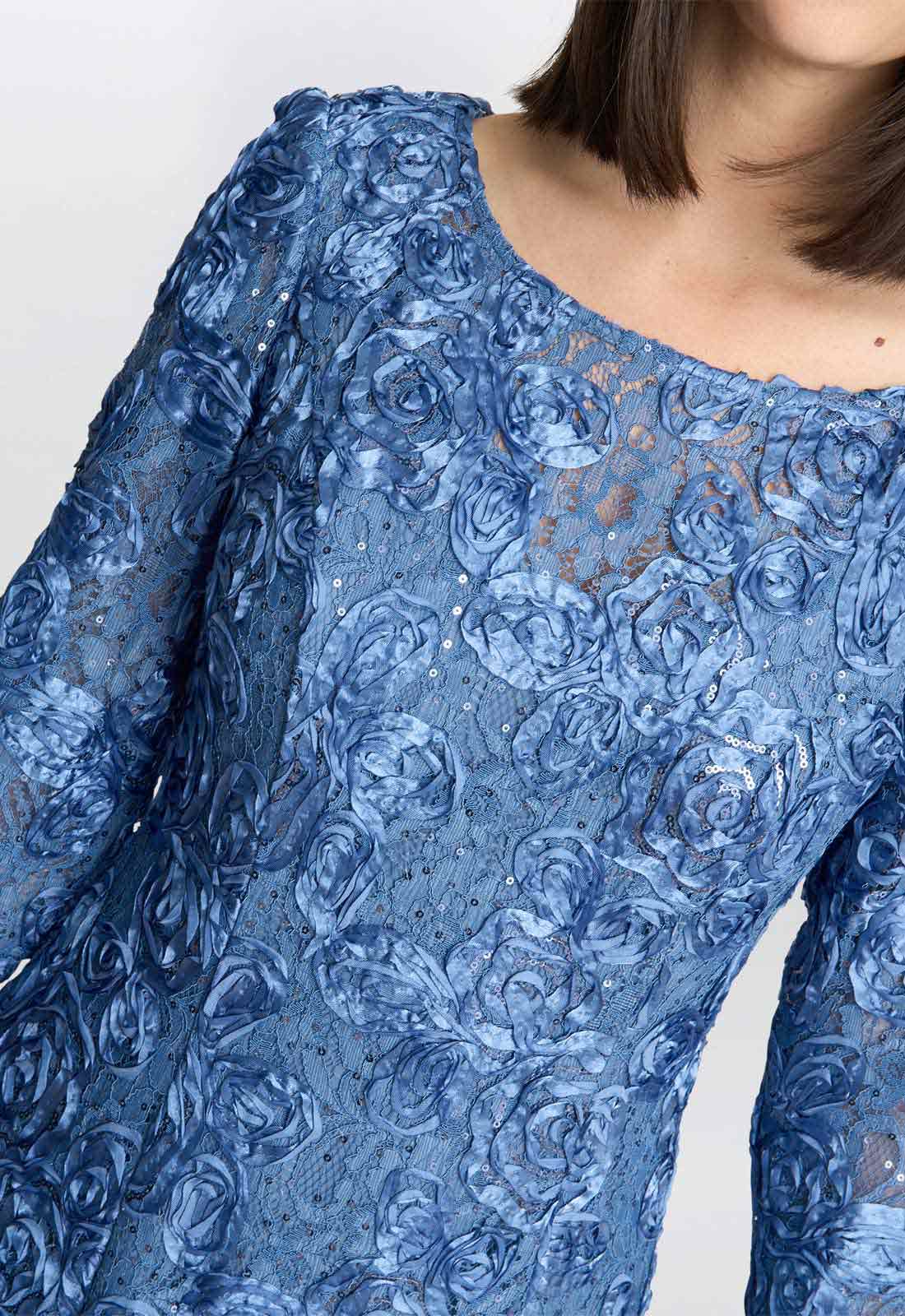 Gina Bacconi Blue Susanna Rosette Maxi Dress With 3/4 Illusion Sleeves