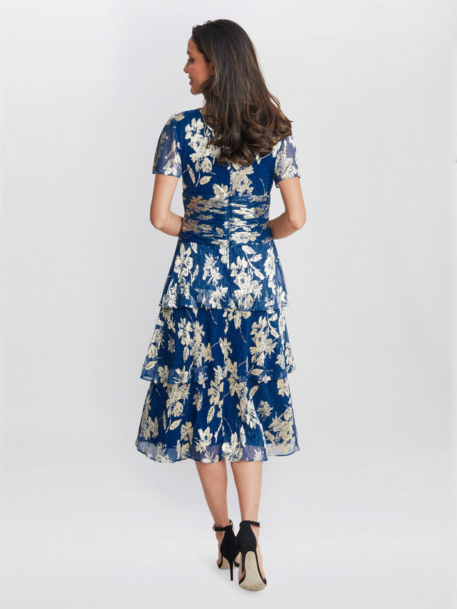 Gina Bacconi Blue Simone Foil Printed Tiered Dress