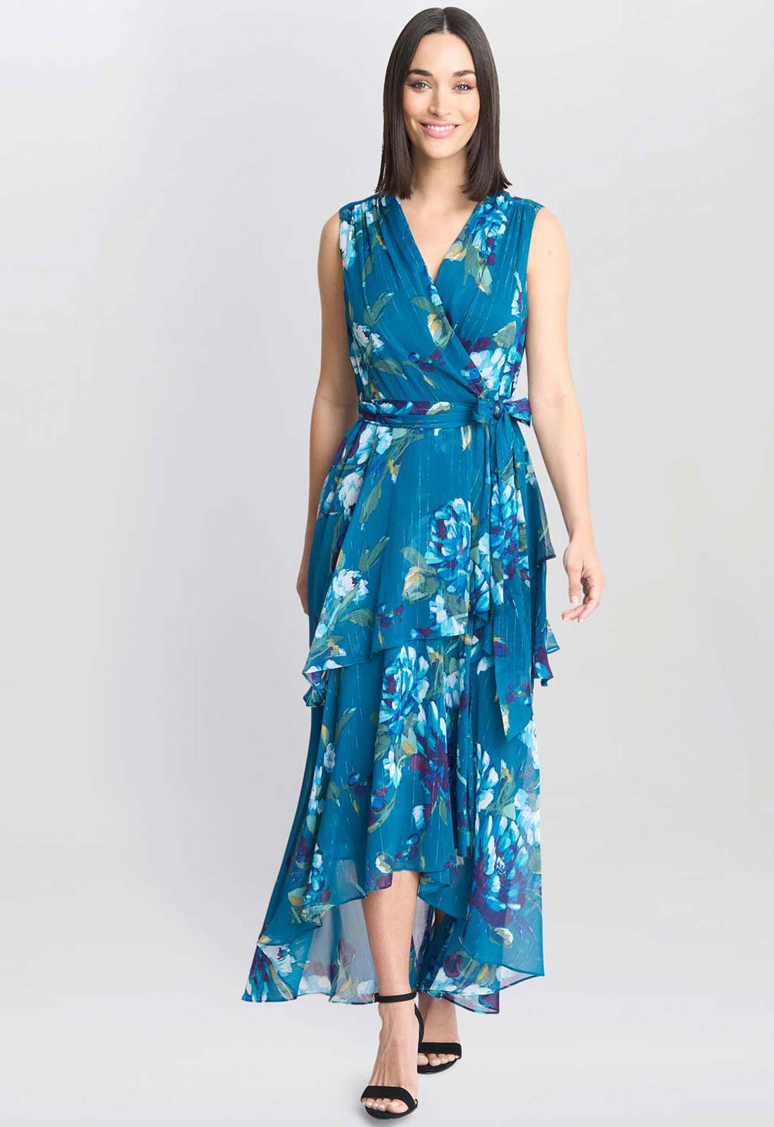 Gina Bacconi Teal Tamara Printed Sleeveless Maxi Dress With Belt