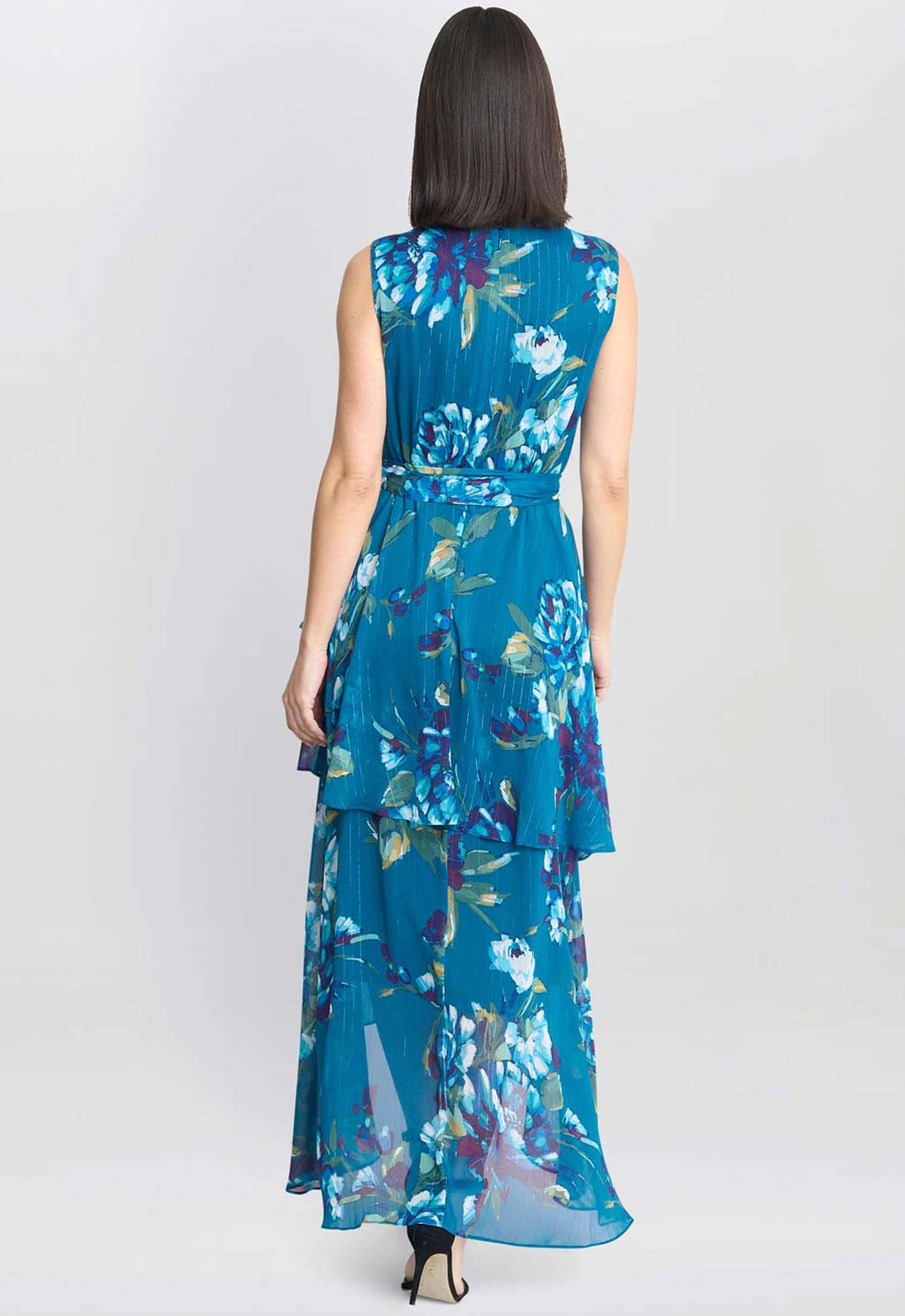 Gina Bacconi Teal Tamara Printed Sleeveless Maxi Dress With Belt