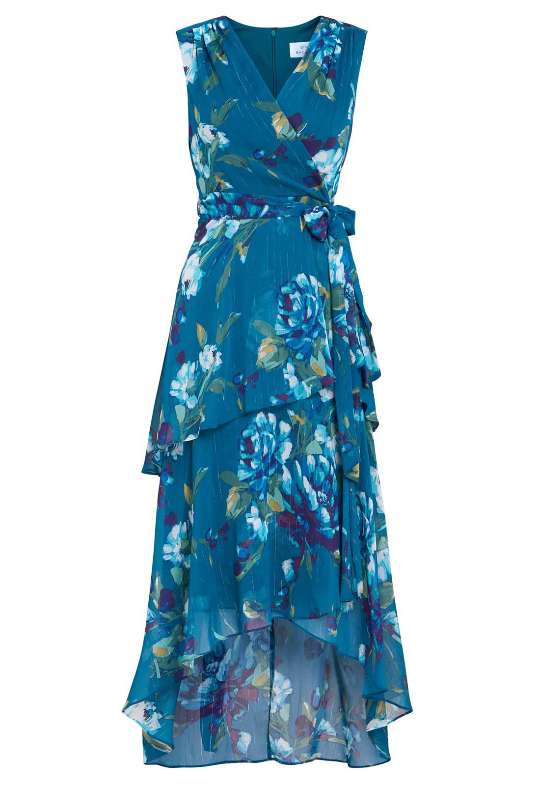 Gina Bacconi Teal Tamara Printed Sleeveless Maxi Dress With Belt