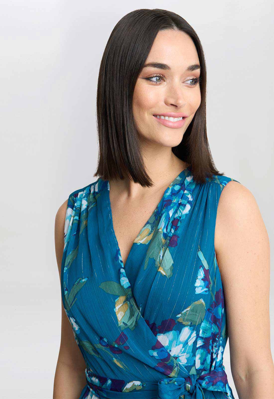 Gina Bacconi Teal Tamara Printed Sleeveless Maxi Dress With Belt