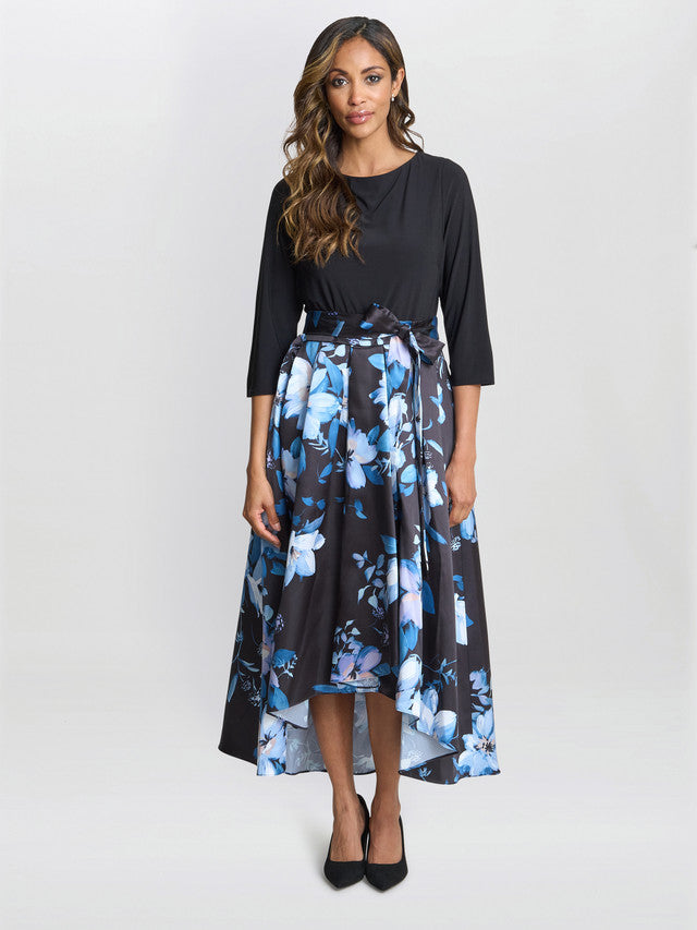 Gina Bacconi Blue Louise Printed High/Low Midi Dress