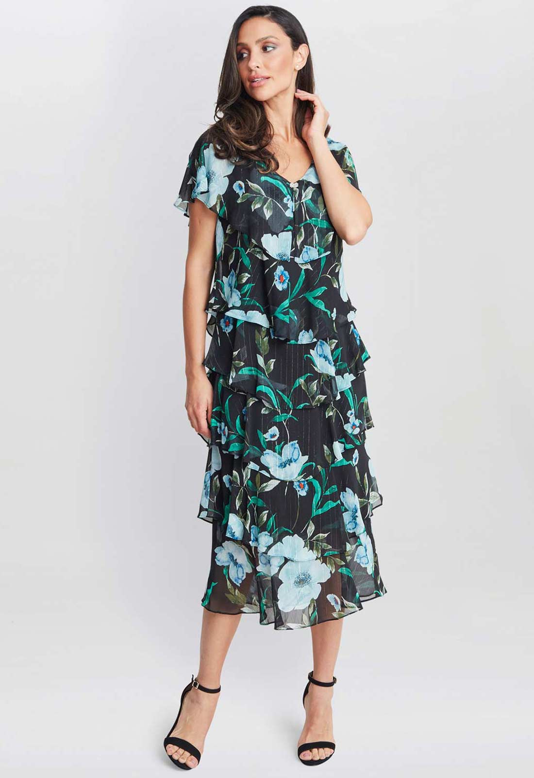 Gina Bacconi Bright Teal Frances Printed Midi Tiered Dress