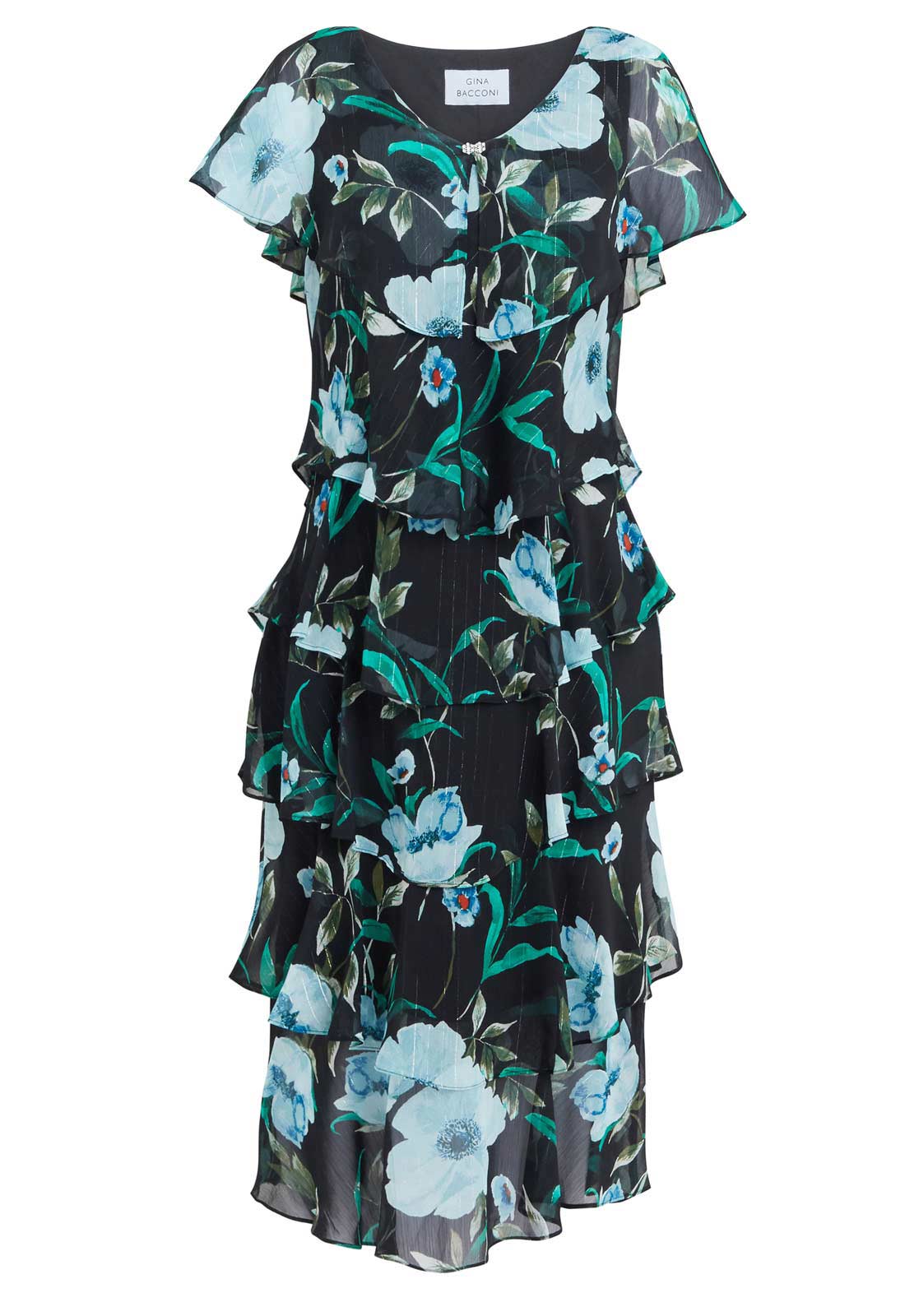 Gina Bacconi Bright Teal Frances Printed Midi Tiered Dress