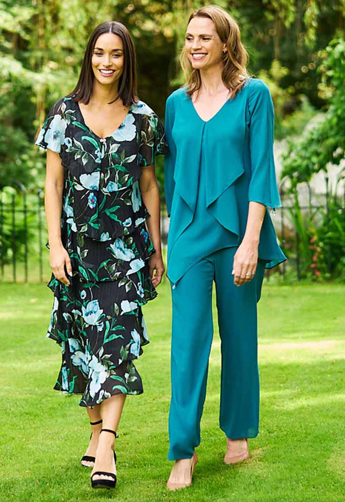 Gina Bacconi Bright Teal Frances Printed Midi Tiered Dress