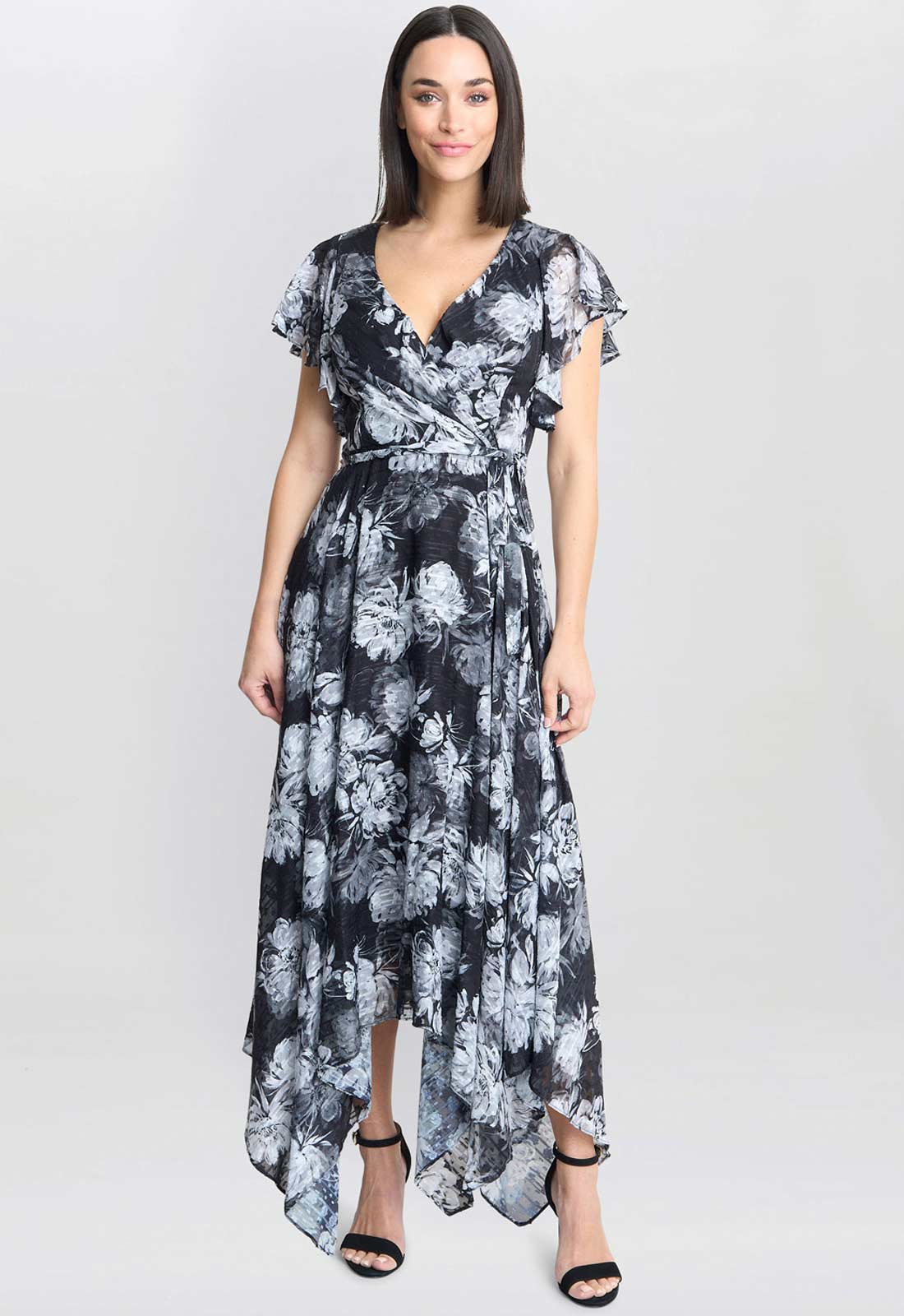 Gina Bacconi Monochrome Jude High-Low Floral Print Dress