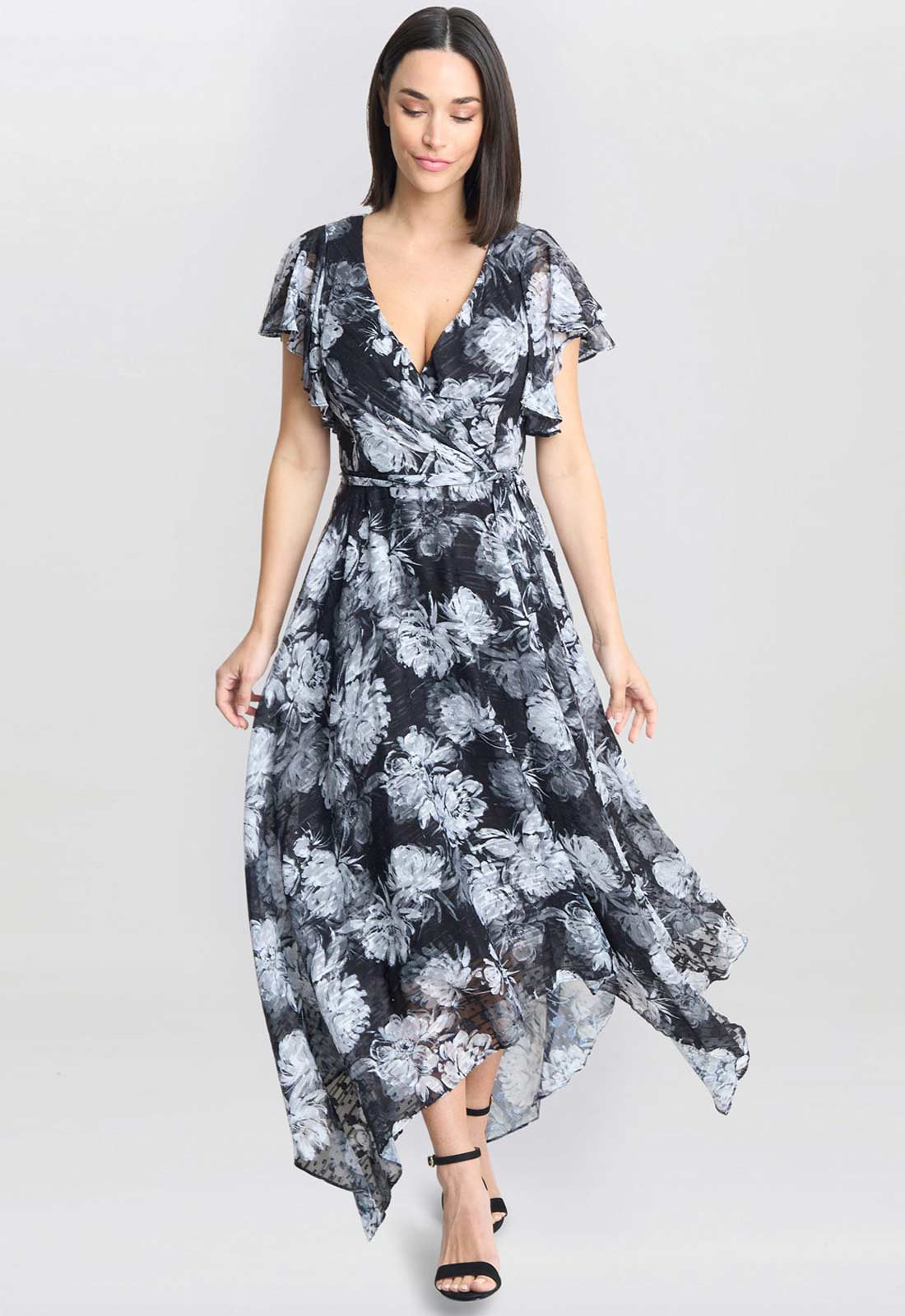 Gina Bacconi Monochrome Jude High-Low Floral Print Dress