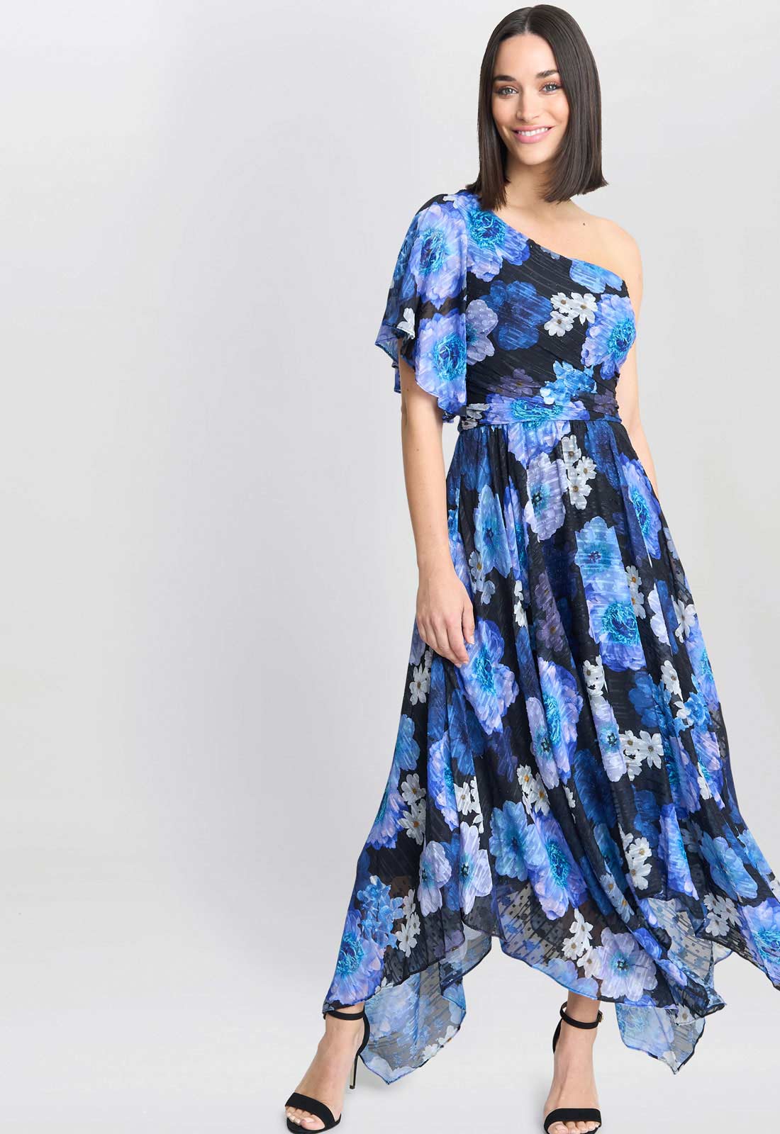 Gina Bacconi Black and Royal Briana One Shoulder Floral Print Dress