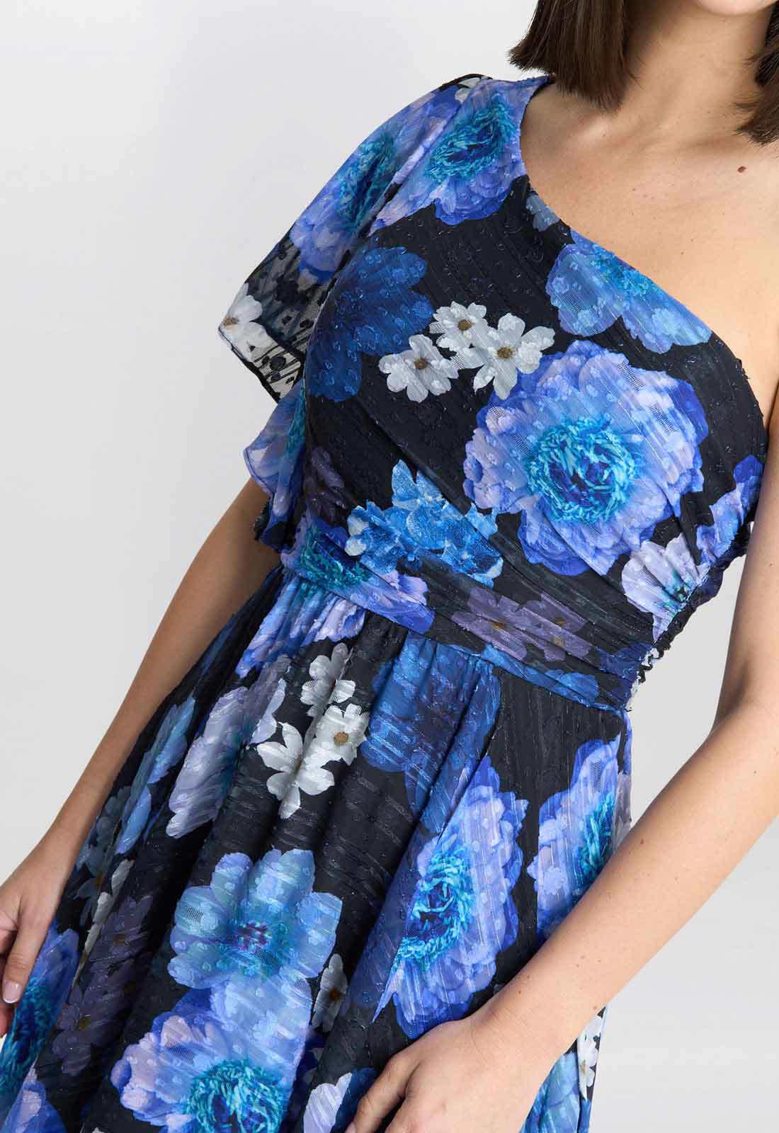 Gina Bacconi Black and Royal Briana One Shoulder Floral Print Dress