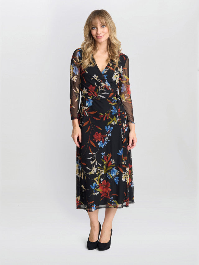 Gina Bacconi Black Tasmine Floarl Mesh Wrap Dress