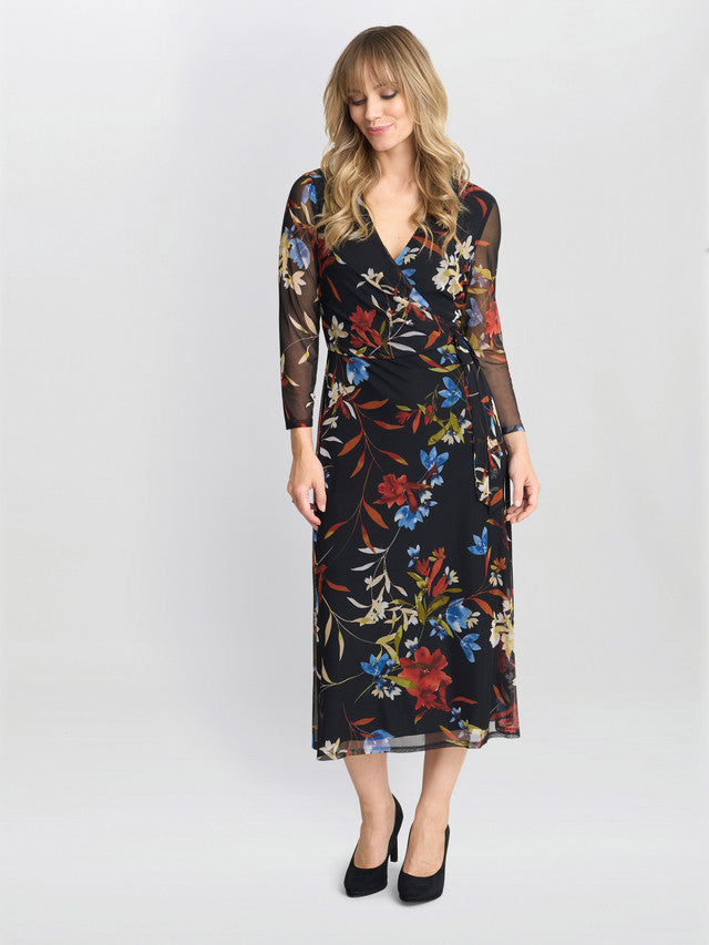 Gina Bacconi Black Tasmine Floarl Mesh Wrap Dress