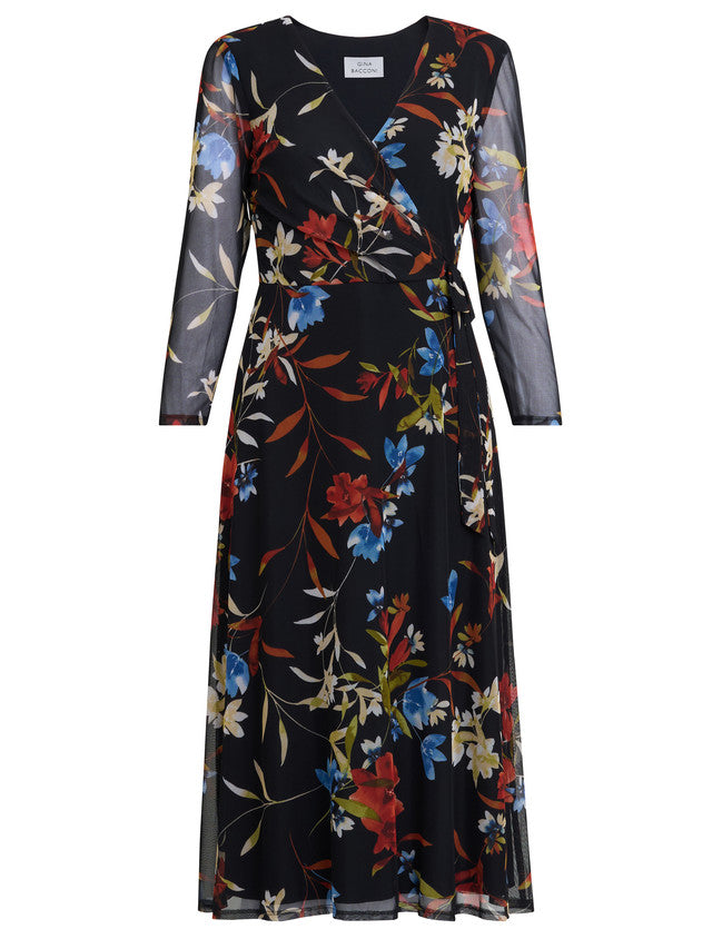 Gina Bacconi Black Tasmine Floarl Mesh Wrap Dress