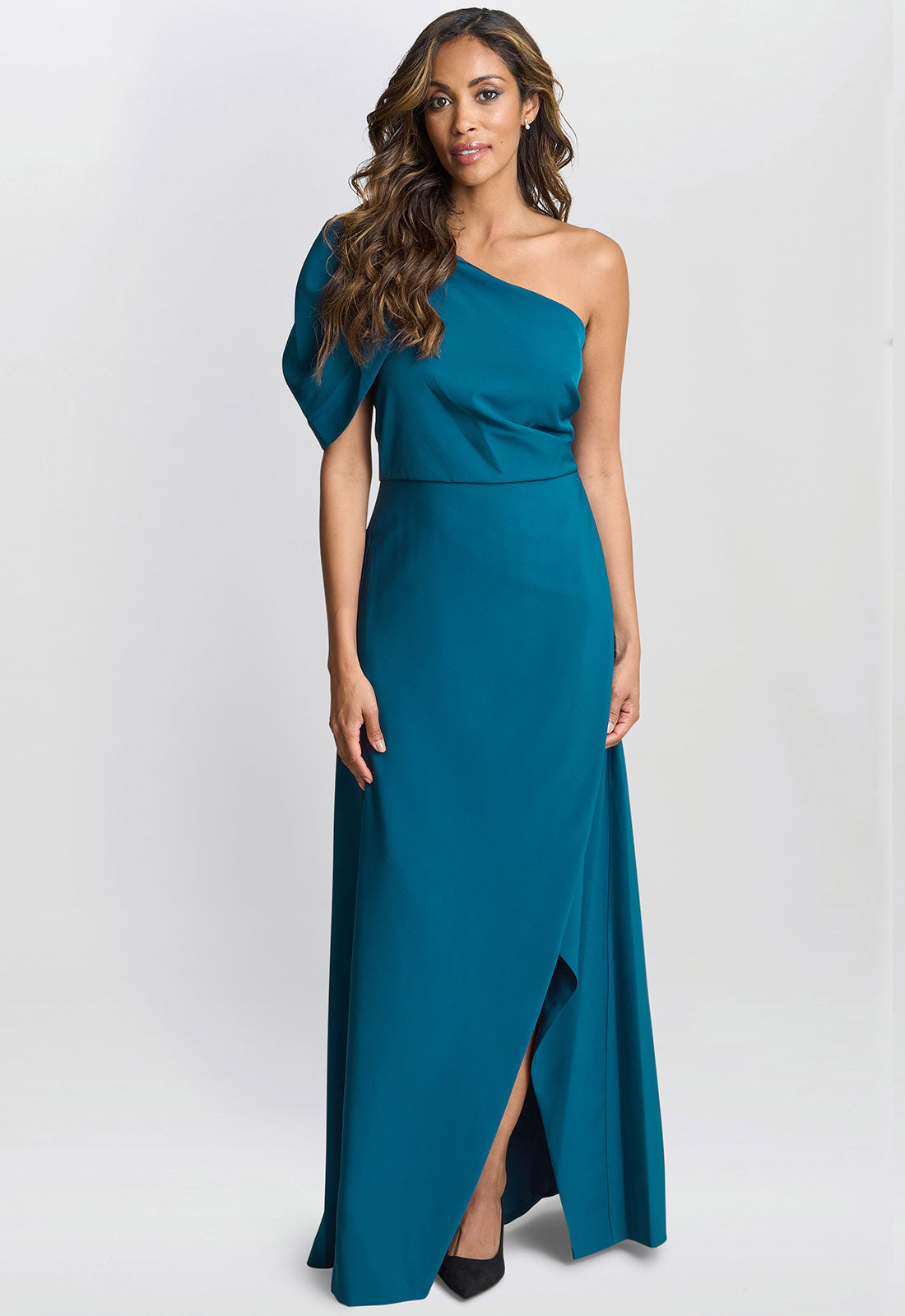 Gina Bacconi Teal Tori One Shoulder Stretch Crepe Maxi Dress