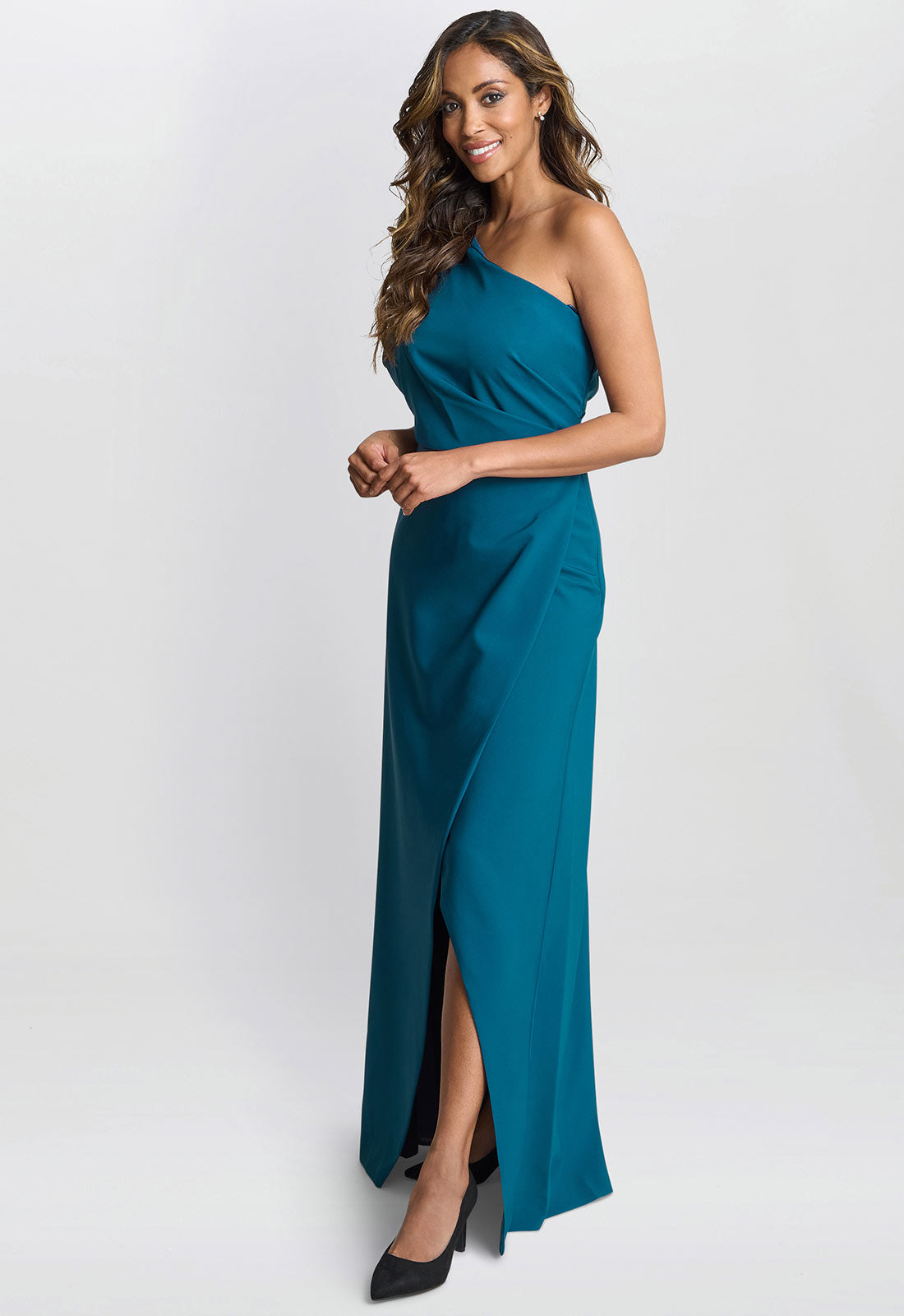 Gina Bacconi Teal Tori One Shoulder Stretch Crepe Maxi Dress