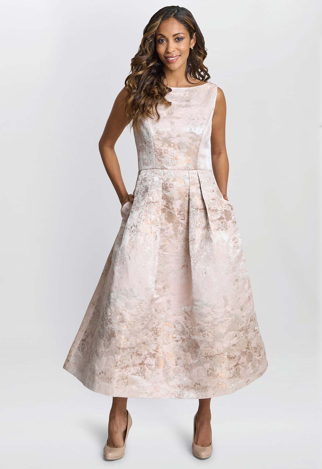 Gina Bacconi Almond Ann-Marie Metallic Jacquard Midi Dress