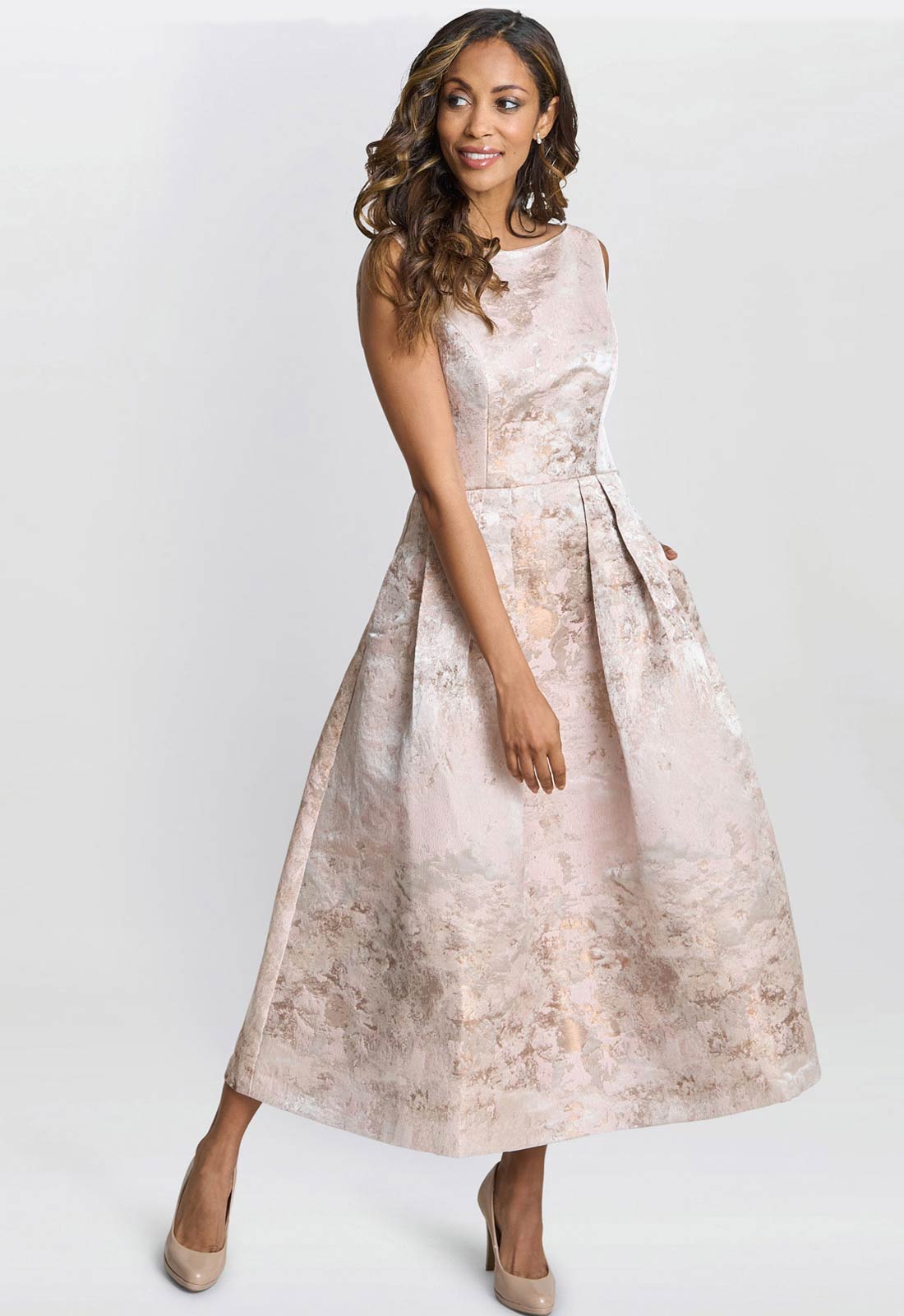 Gina Bacconi Almond Ann-Marie Metallic Jacquard Midi Dress