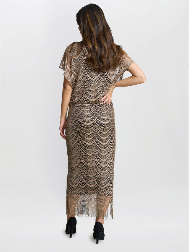 Gina Bacconi Bronze Arleen Long Blouson Fringe Hem Dress