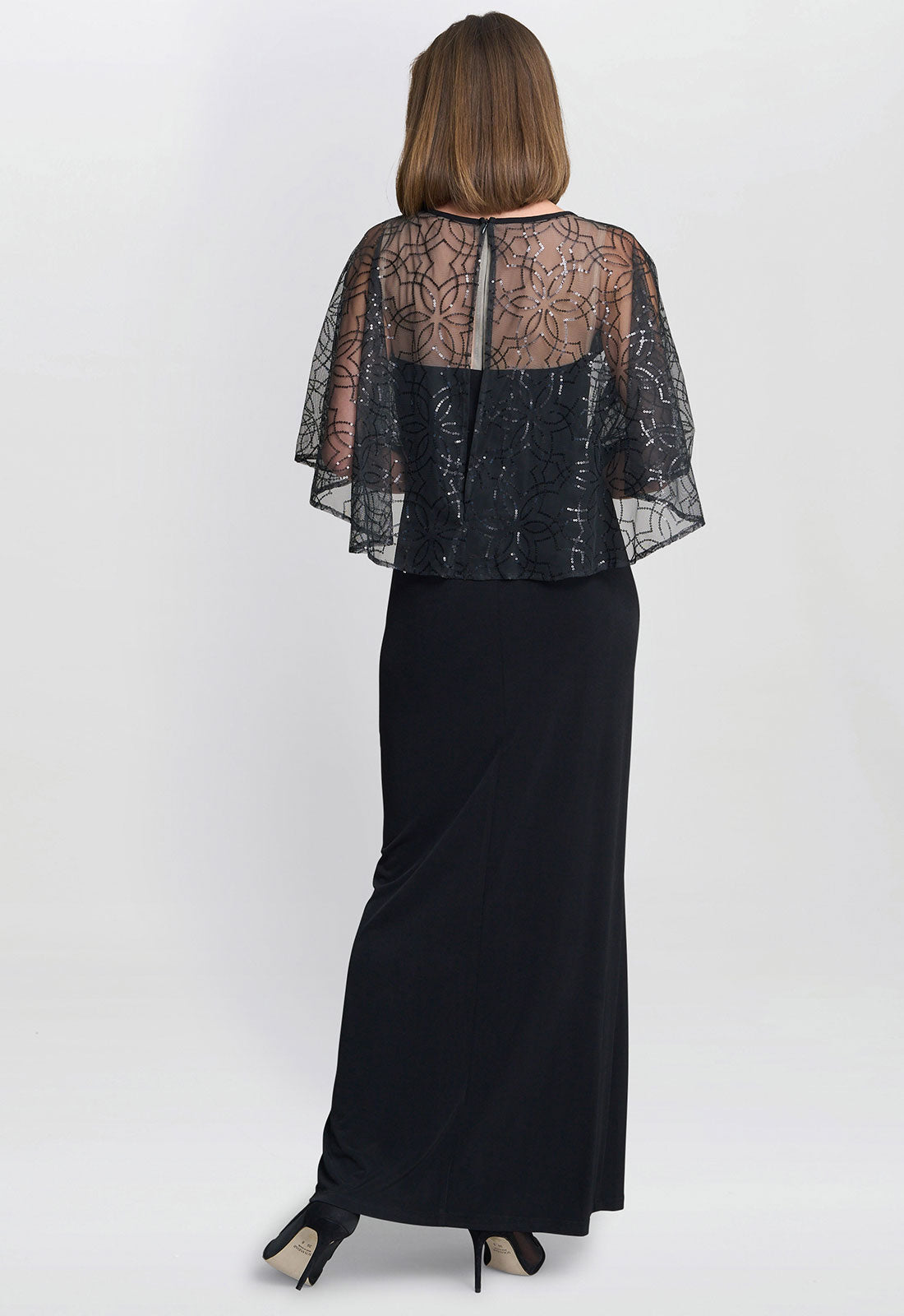 Gina Bacconi Black Anoushka Maxi Dress With Sheer Beaded Cape