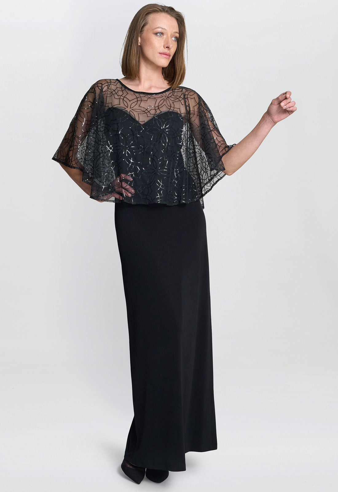 Gina Bacconi Black Anoushka Maxi Dress With Sheer Beaded Cape