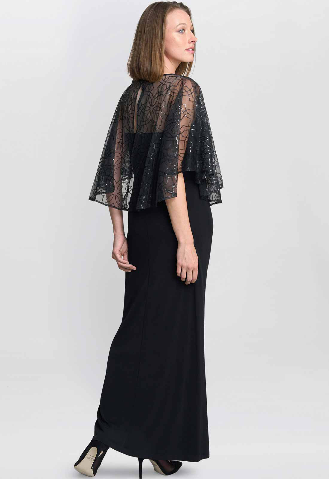 Gina Bacconi Black Anoushka Maxi Dress With Sheer Beaded Cape