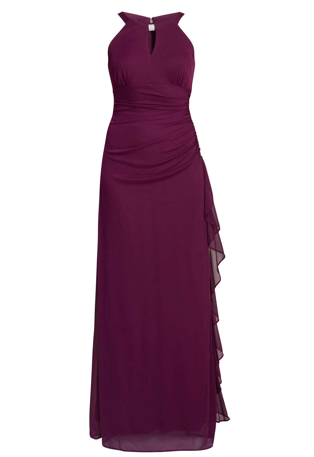Mauve evening gown with a slit on a white background