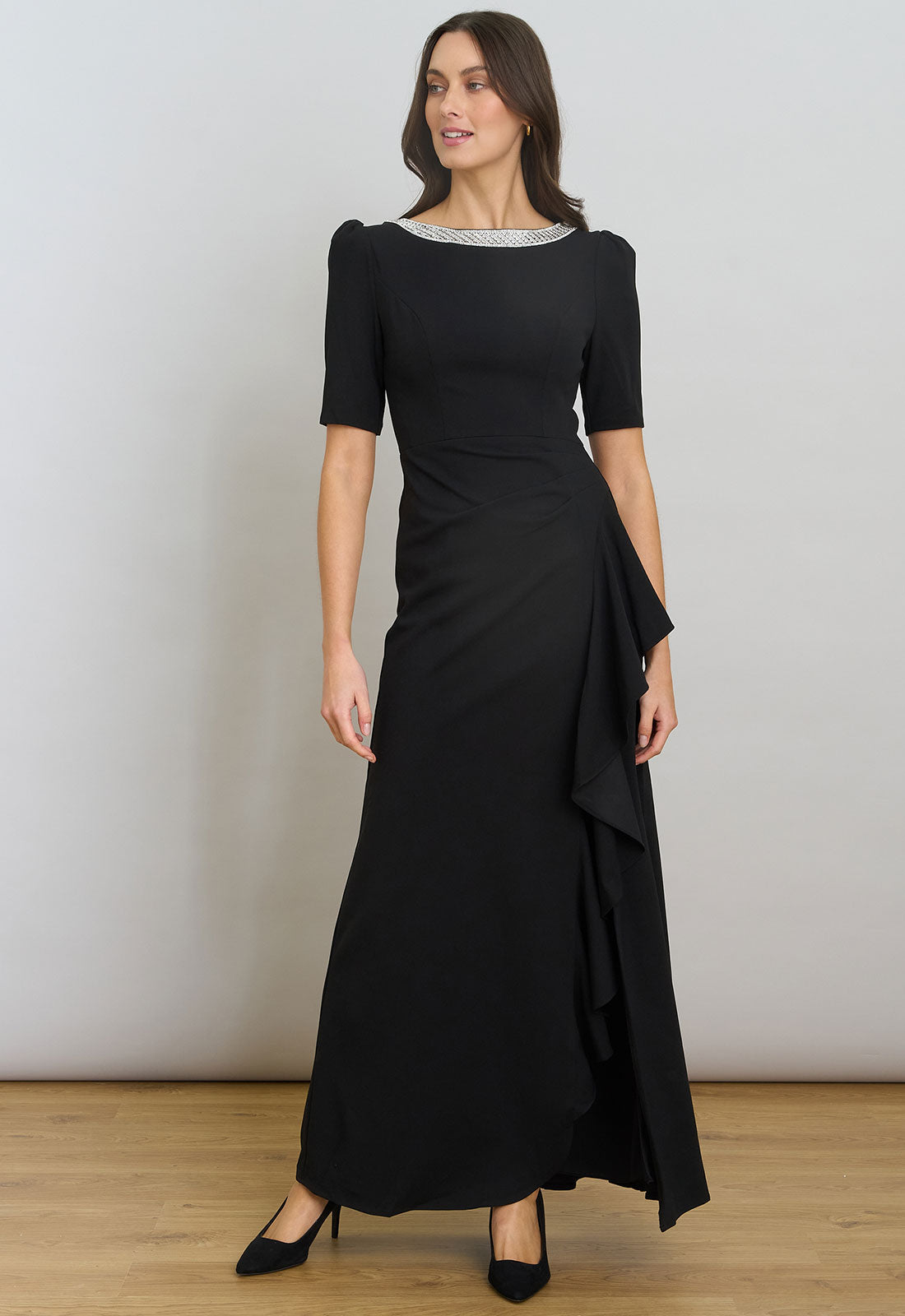 Gina Bacconi Black Paola Beaded Neck Maxi Dress with side bow